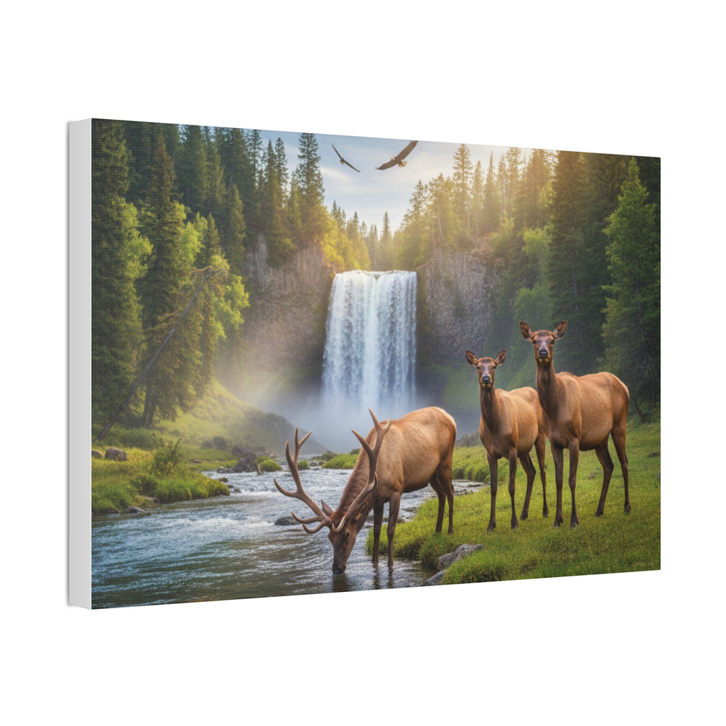 Elk Waterfall Canvas Print — Serene Wildlife Landscape Wall Art, 1.5" Stretched