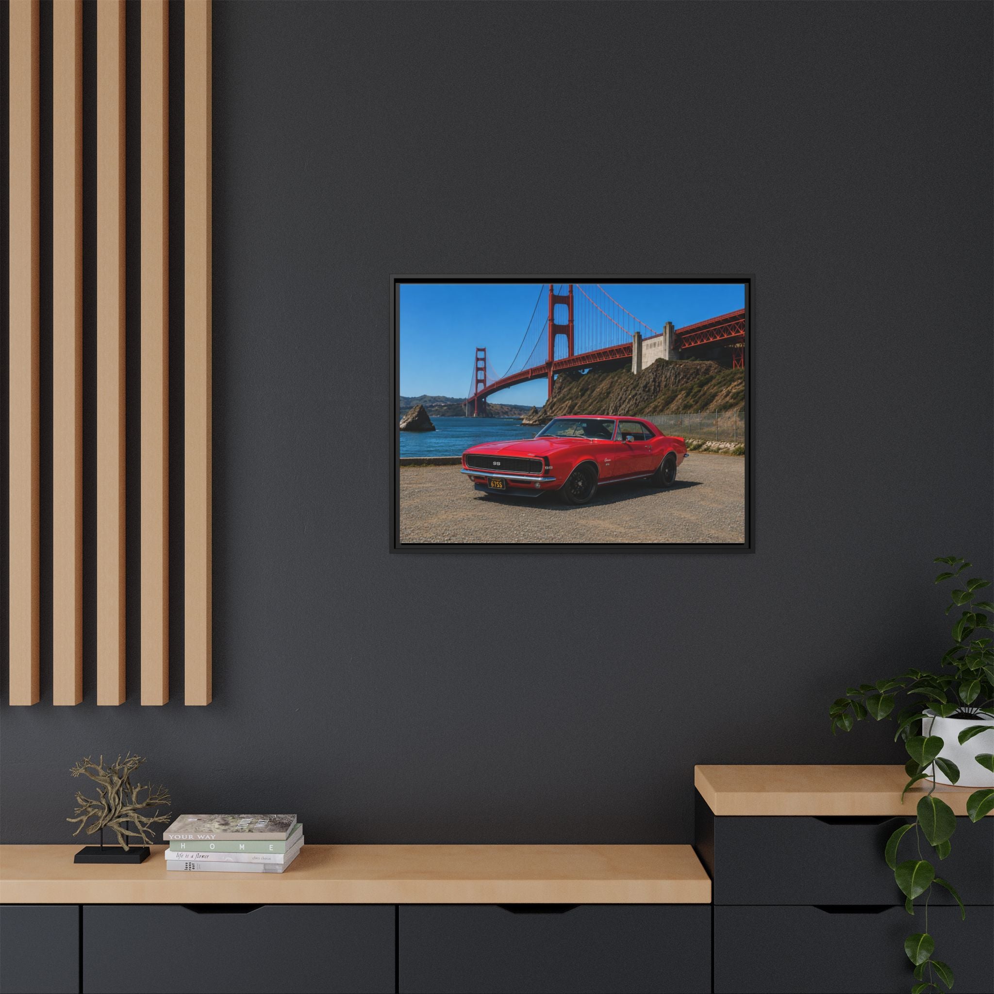 1967 Camaro SS - Stunning Camaro at Golden Gate Bridge - Framed Canvas