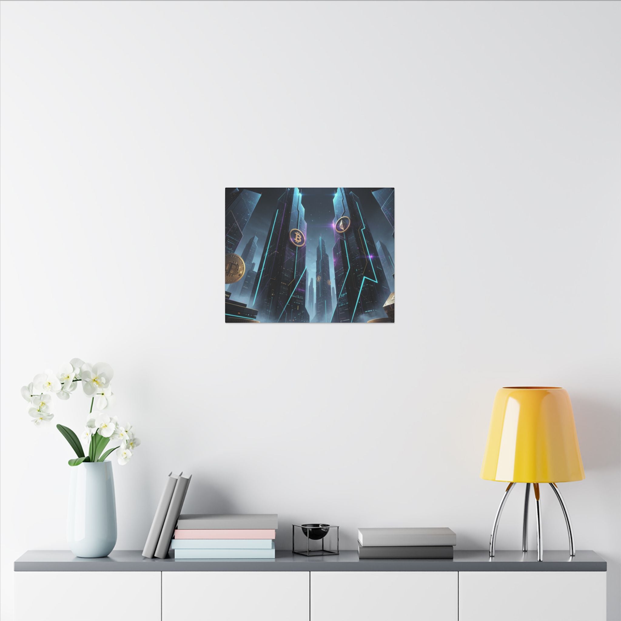 Crypto City Canvas Print — Futuristic Bitcoin & Ethereum Wall Art