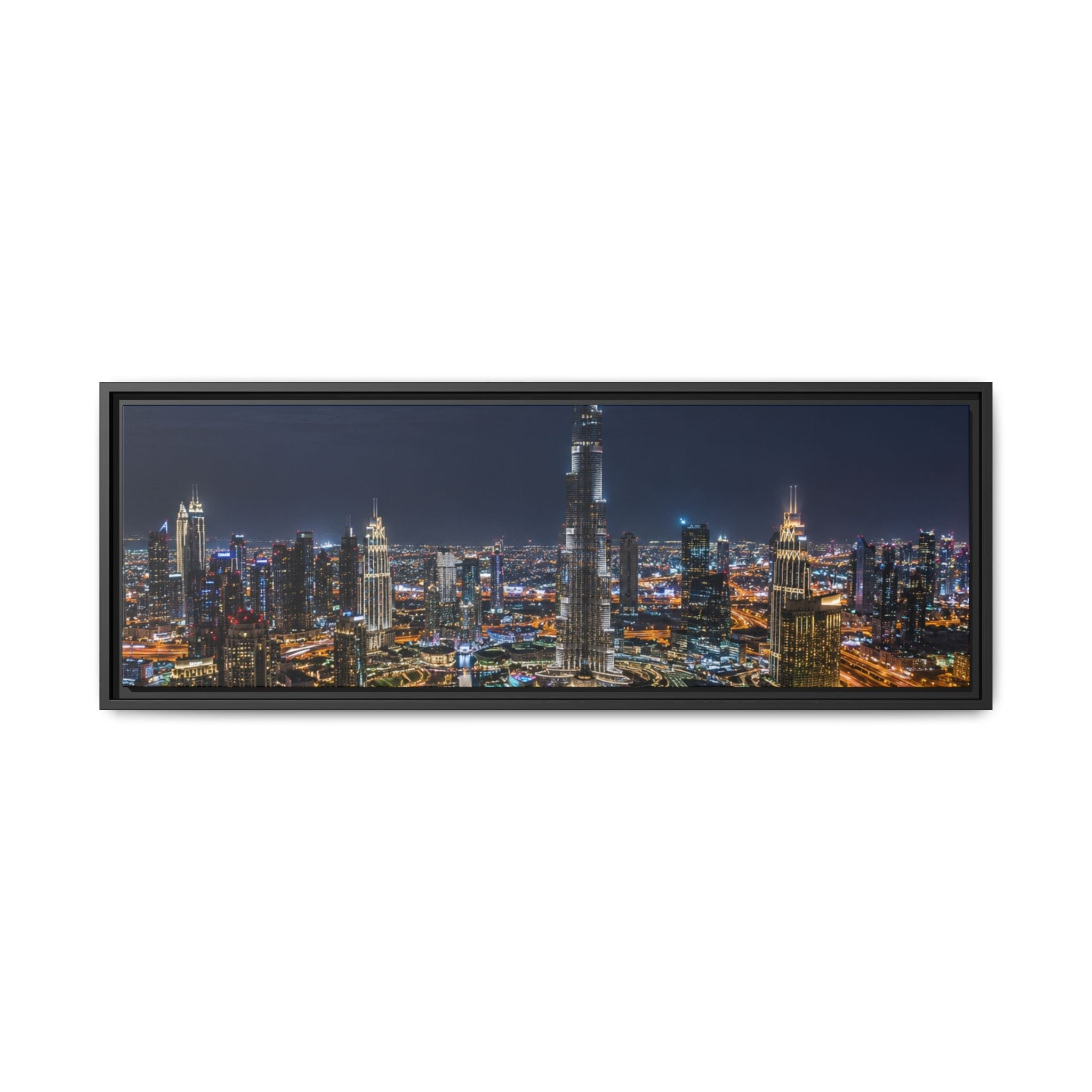 Dubai Night Skyline Matte Framed Canvas Print