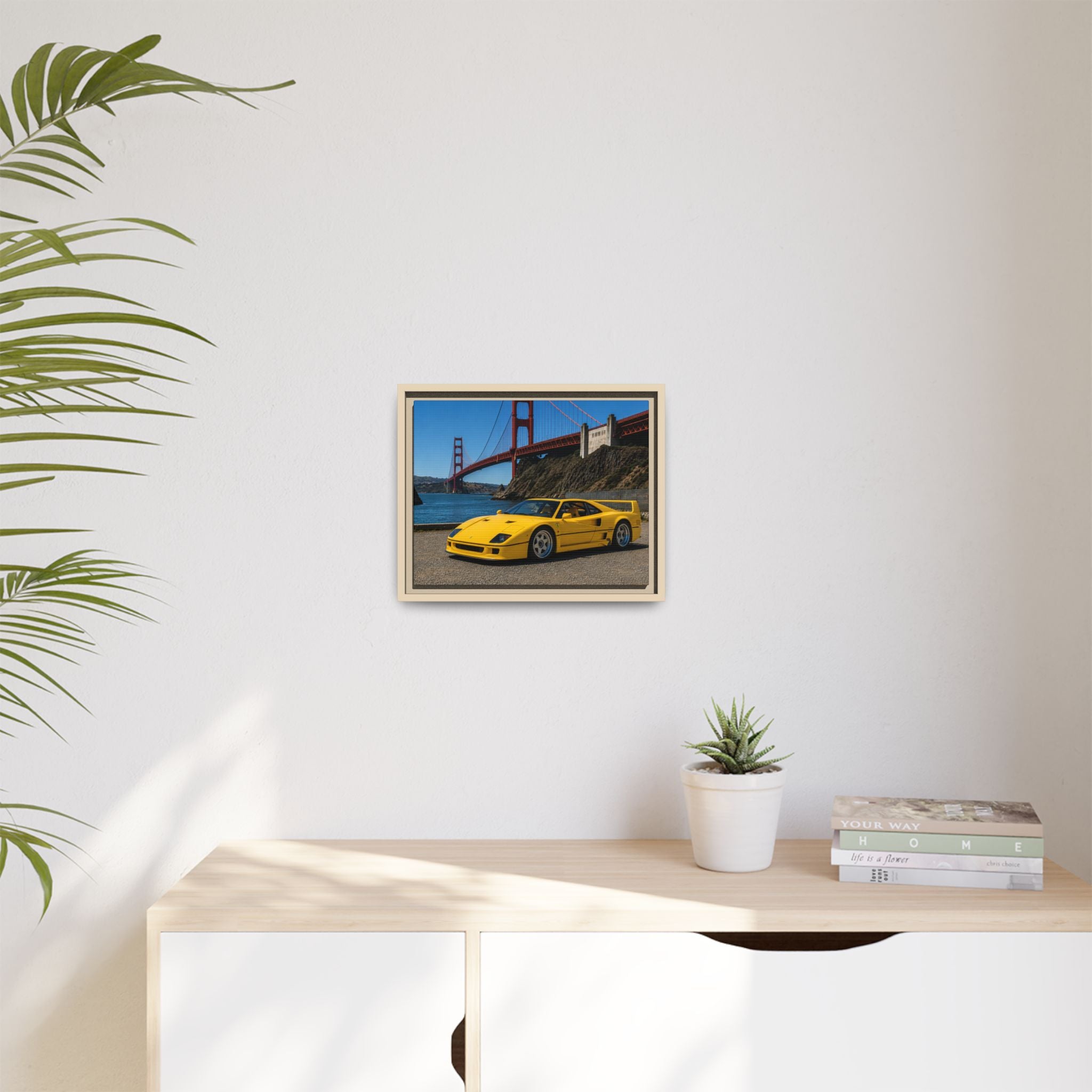 Ferrari 1987 F40 — Yellow Ferrari by the Golden Gate Bridge - Stunning Framed Canvas