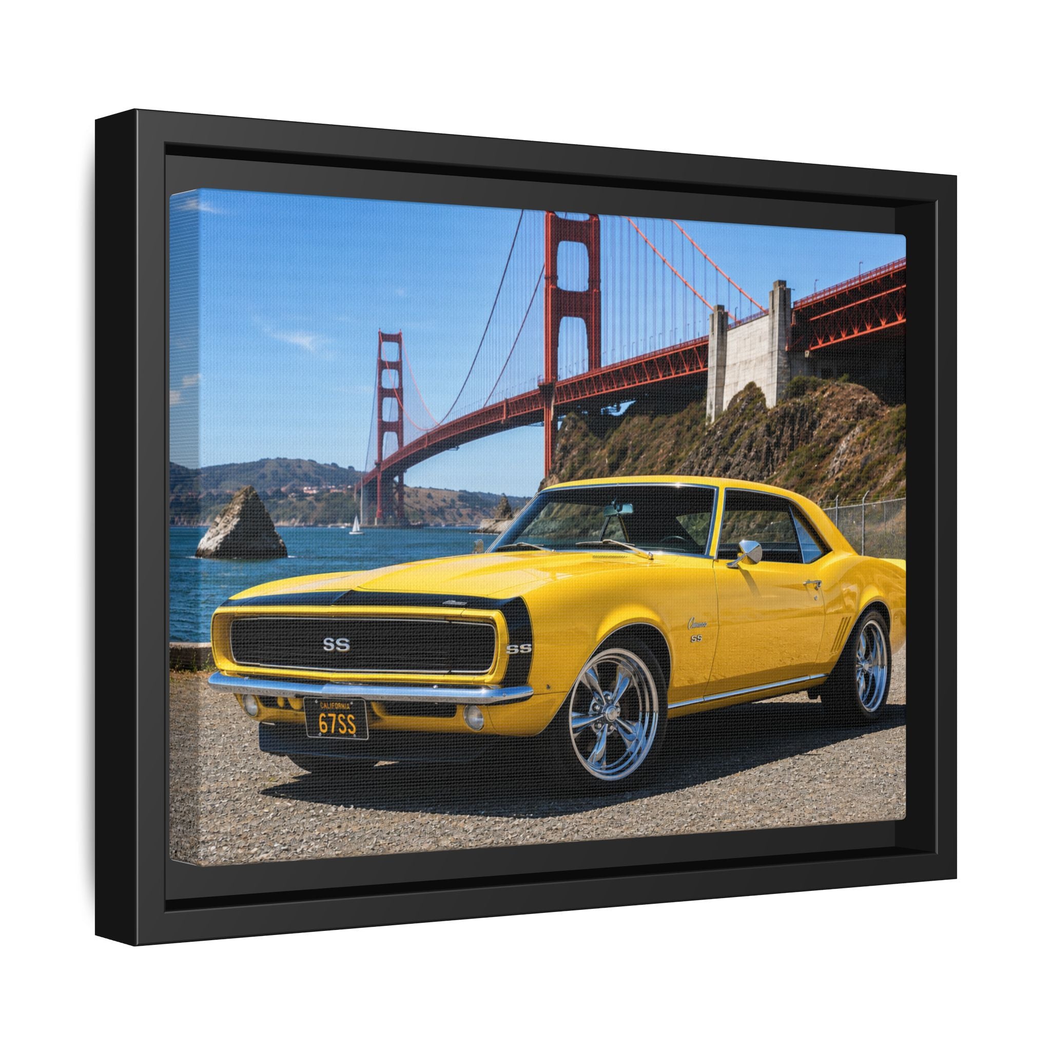 Camaro 1967 Framed Canvas – Yellow Classic "Bumble Bee" Camaro by Golden Gate Bridge