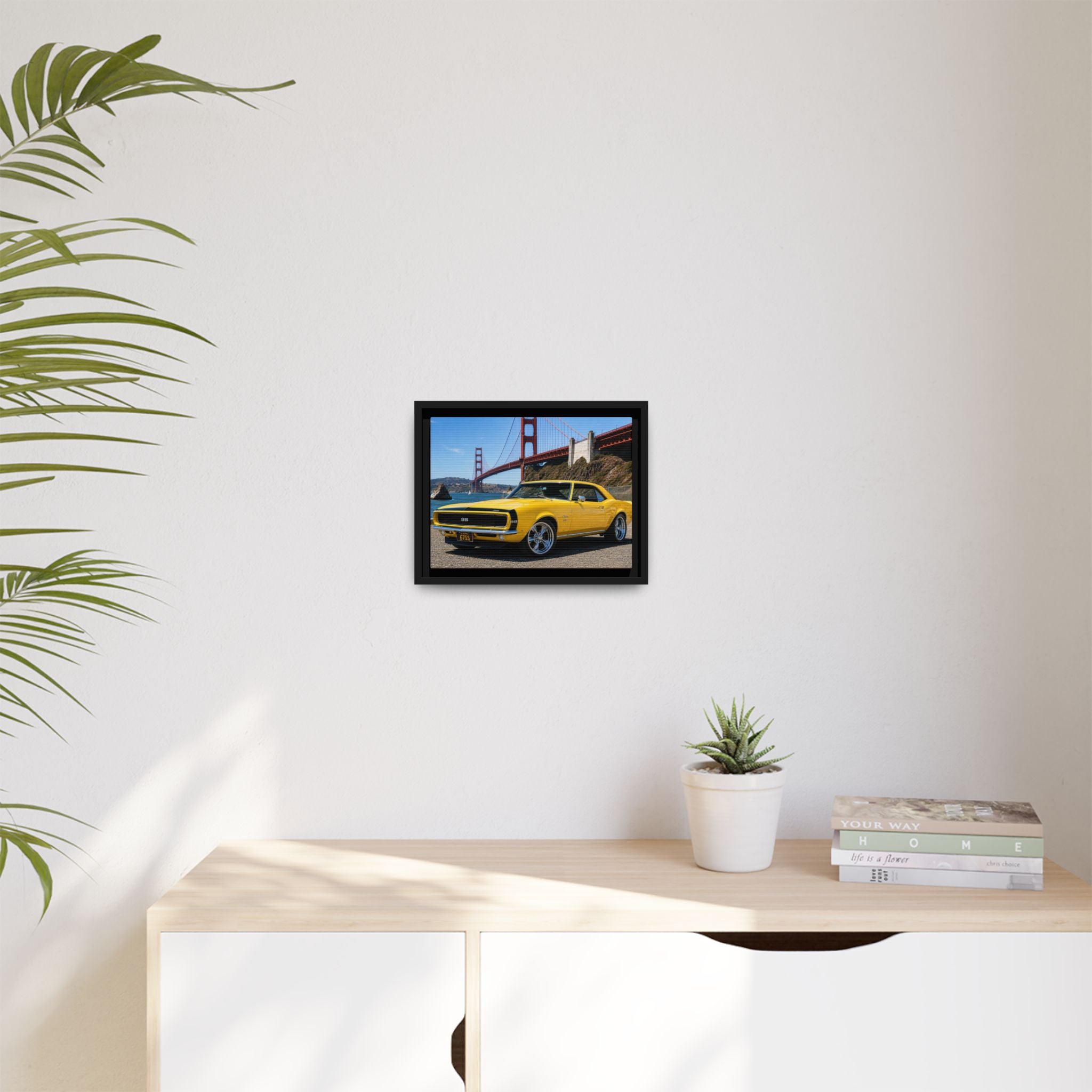 Camaro 1967 Framed Canvas – Yellow Classic "Bumble Bee" Camaro by Golden Gate Bridge