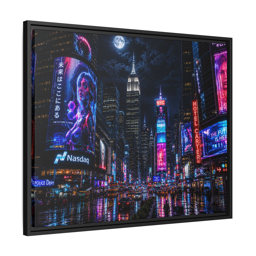 Time Square City Scape "Cyberpunk themed" Neon City Nights Matte Canvas Print (Framed)