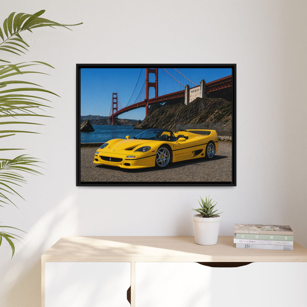 Ferrari F50 1995 Yellow — Framed Matte Canvas of Ferrari by Golden Gate Bridge