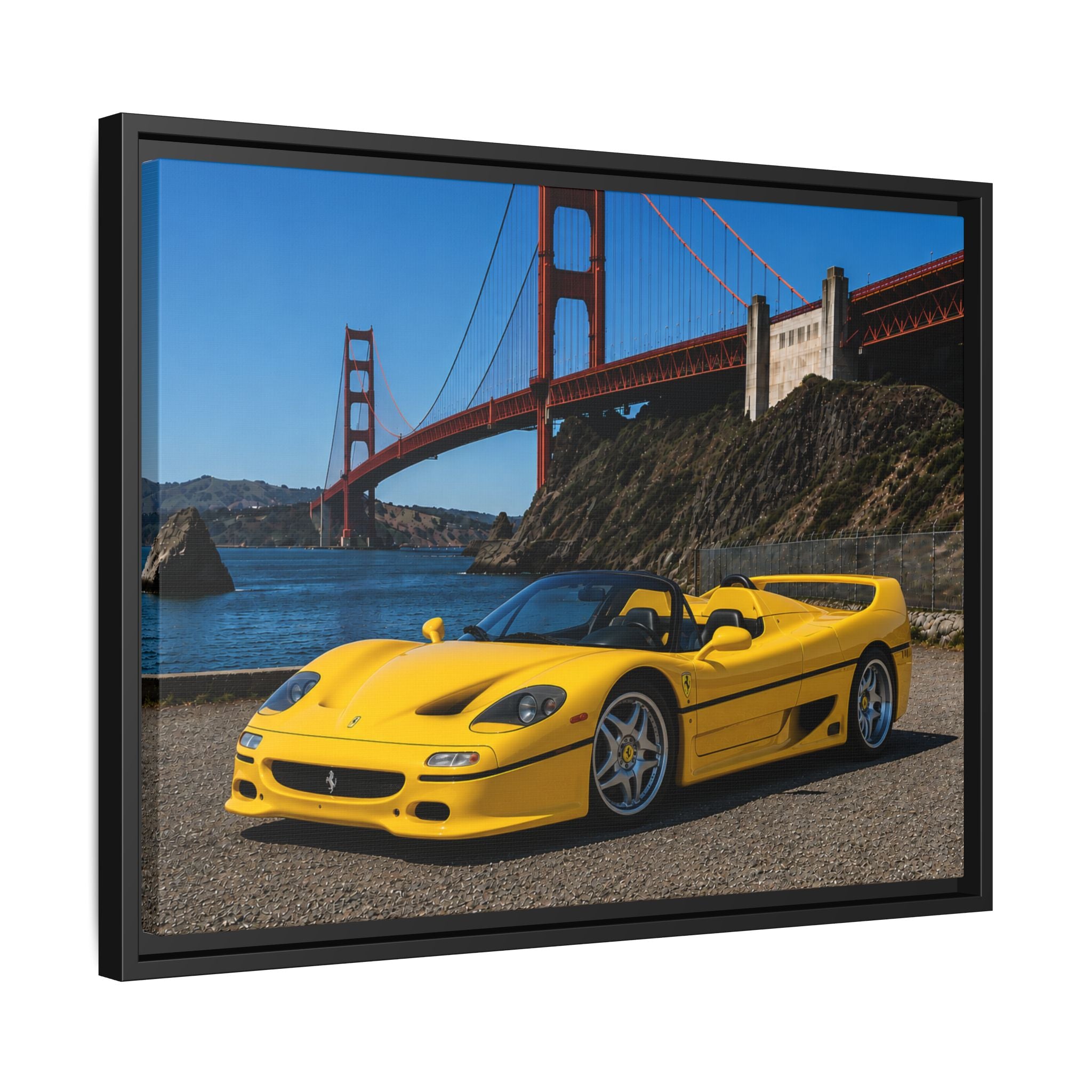 Ferrari F50 1995 Yellow — Framed Matte Canvas of Ferrari by Golden Gate Bridge