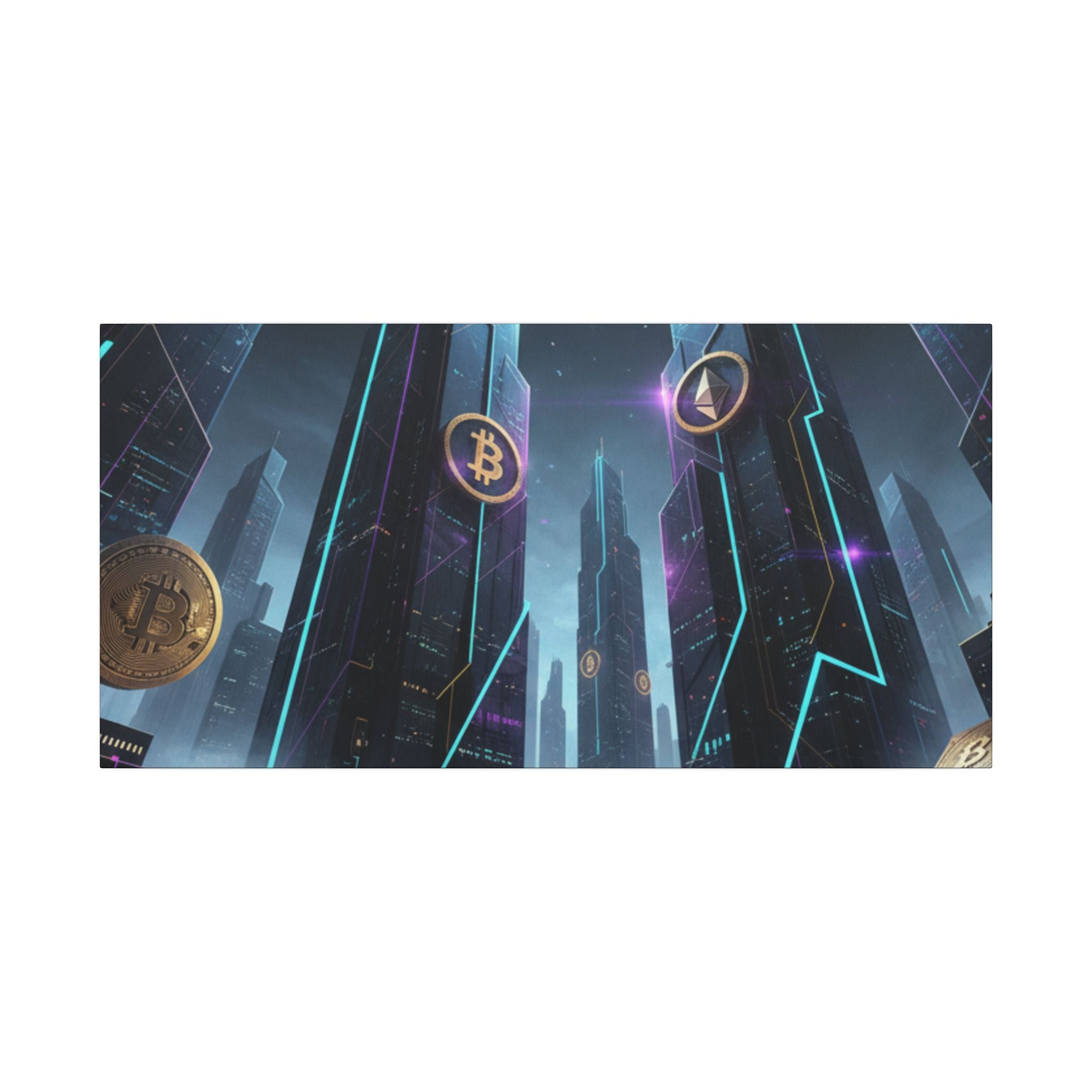 Crypto City Canvas Print — Futuristic Bitcoin & Ethereum Wall Art