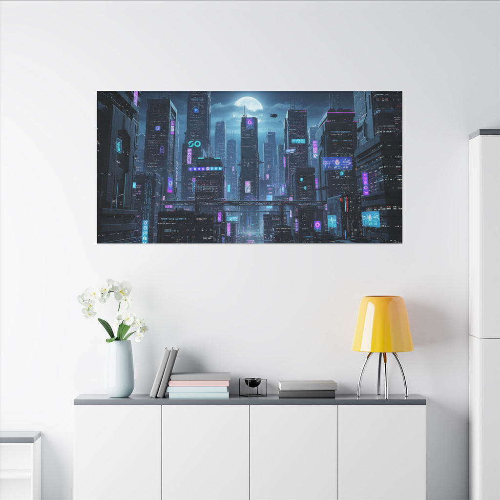Cyberpunk Cityscape Matte Canvas Print — Neon Futuristic Wall Art