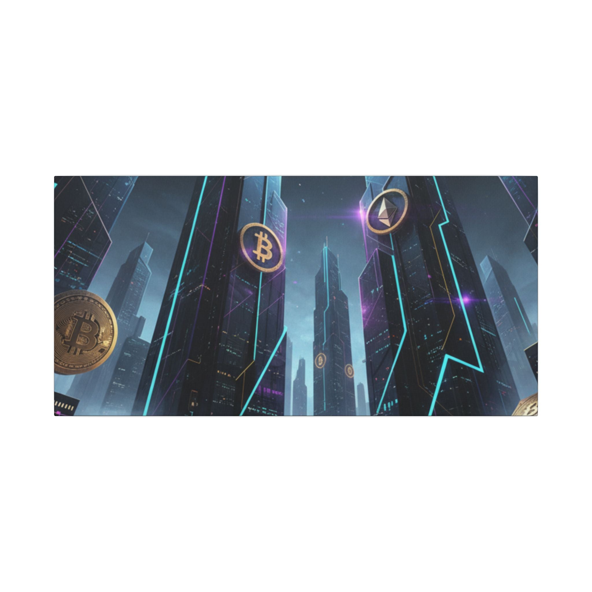 Crypto City Canvas Print — Futuristic Bitcoin & Ethereum Wall Art