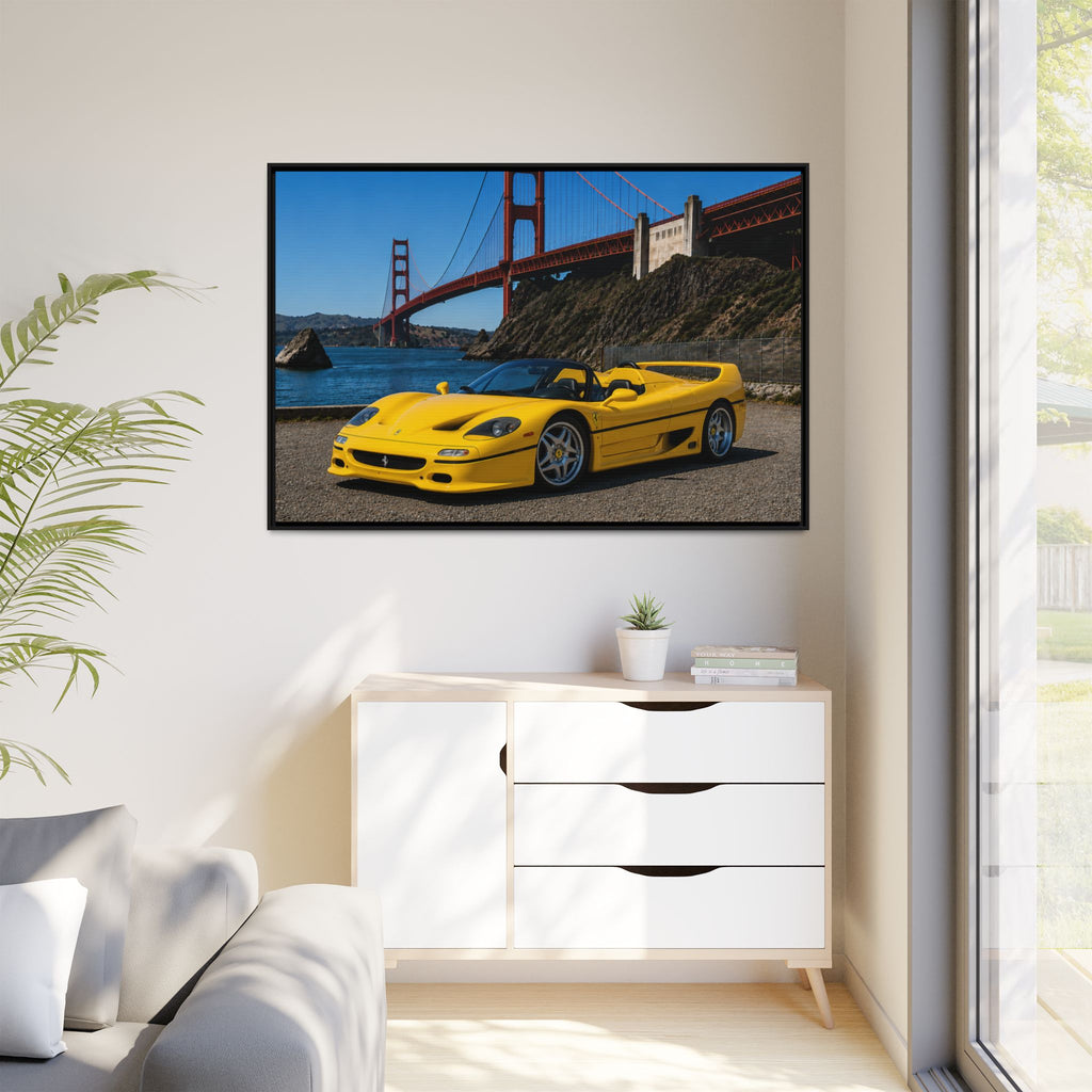 Ferrari F50 1995 Yellow — Framed Matte Canvas of Ferrari by Golden Gate Bridge
