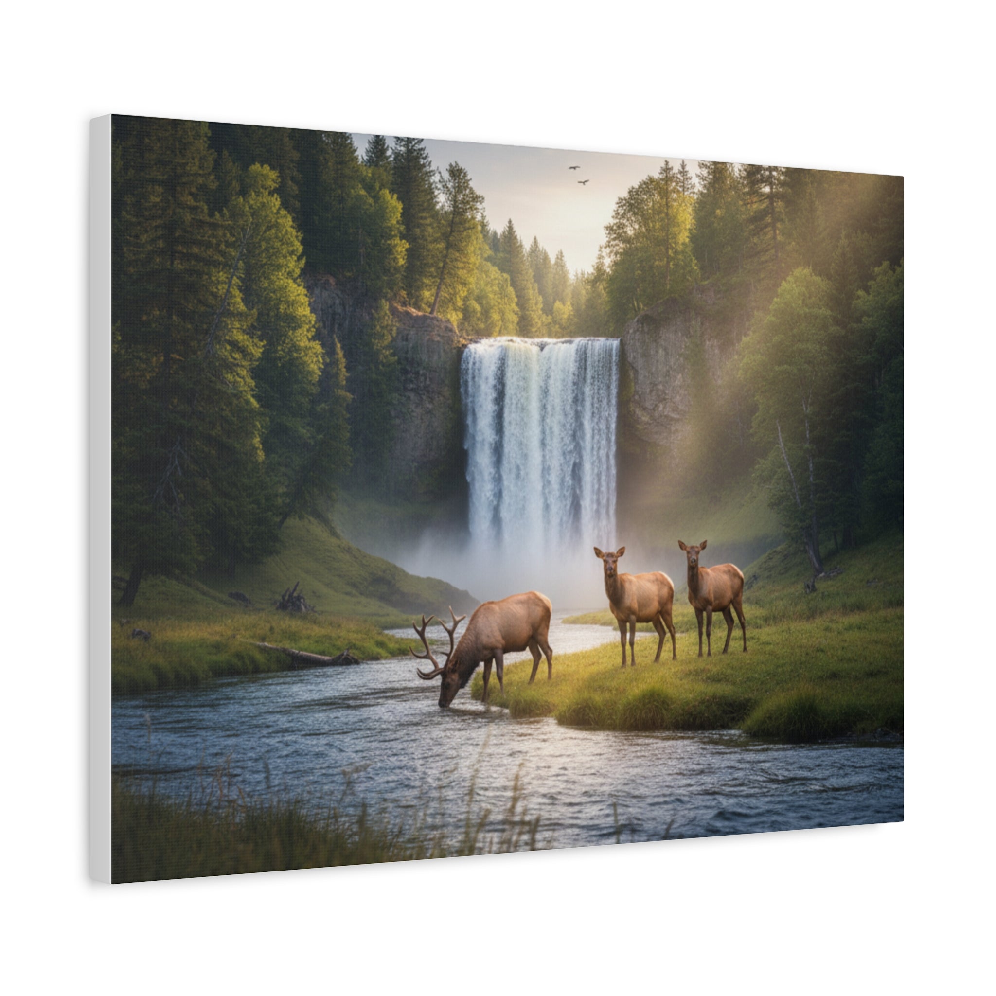 Waterfall Elk Canvas Print — Matte Stretched Wall Art
