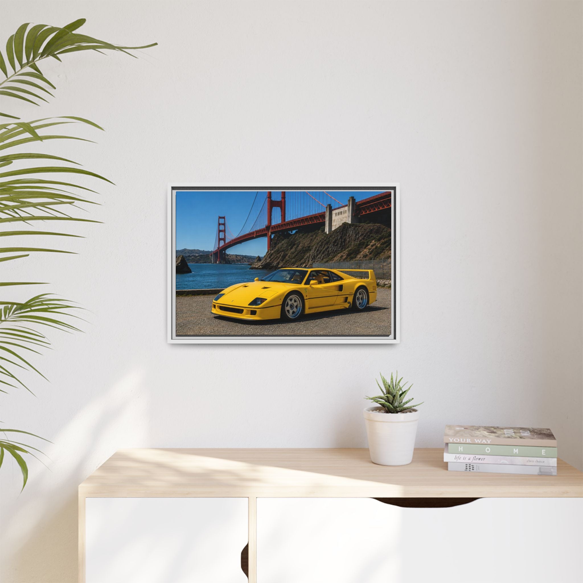 Ferrari 1987 F40 — Yellow Ferrari by the Golden Gate Bridge - Stunning Framed Canvas