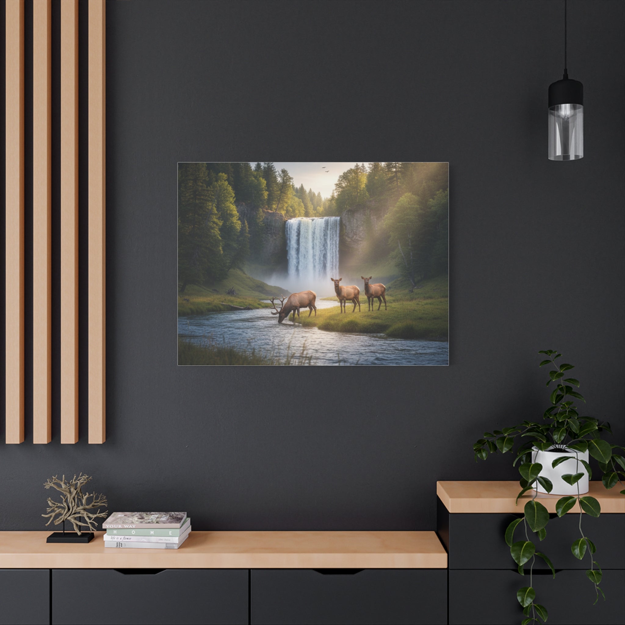 Waterfall Elk Canvas Print — Matte Stretched Wall Art