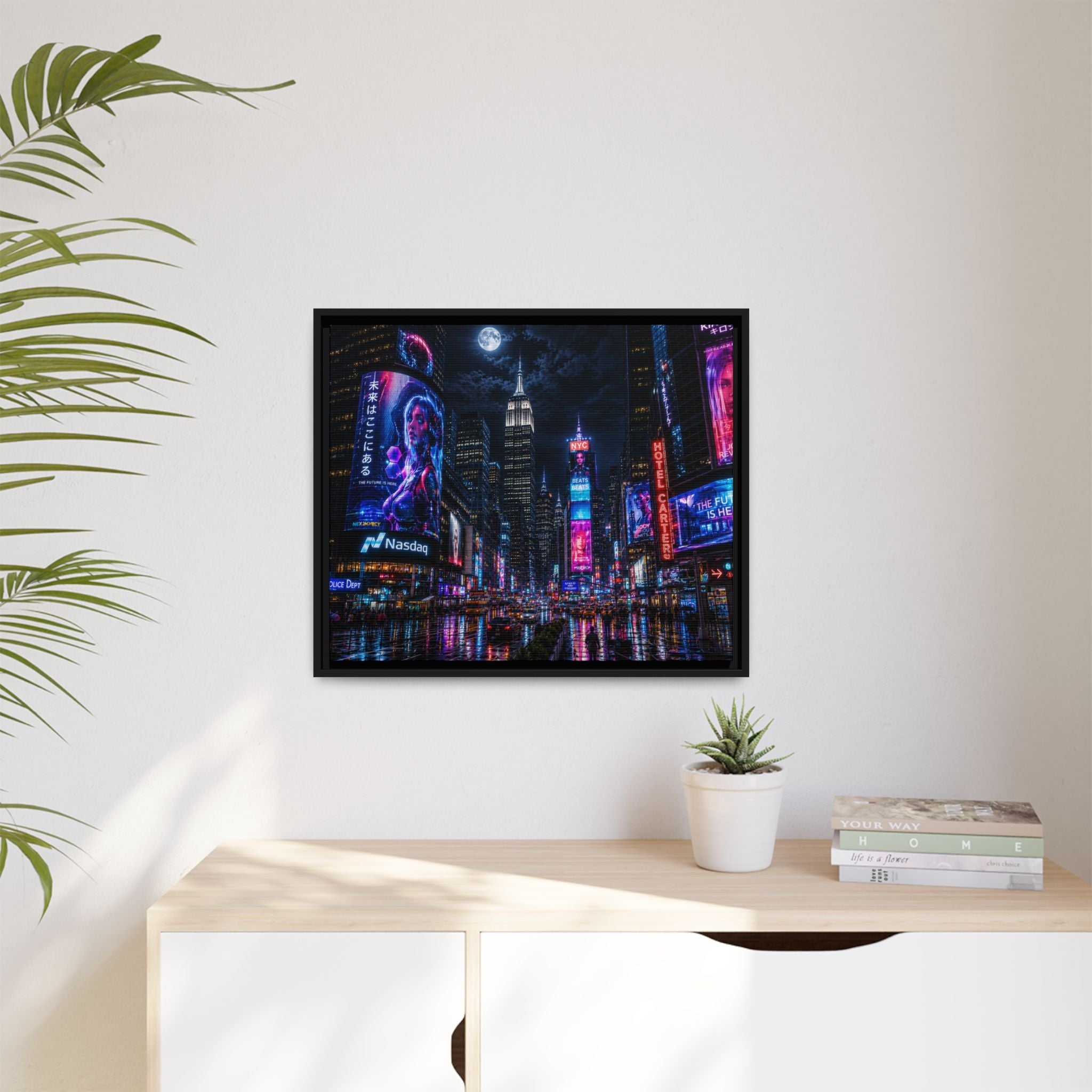 Time Square City Scape "Cyberpunk themed" Neon City Nights Matte Canvas Print (Framed)
