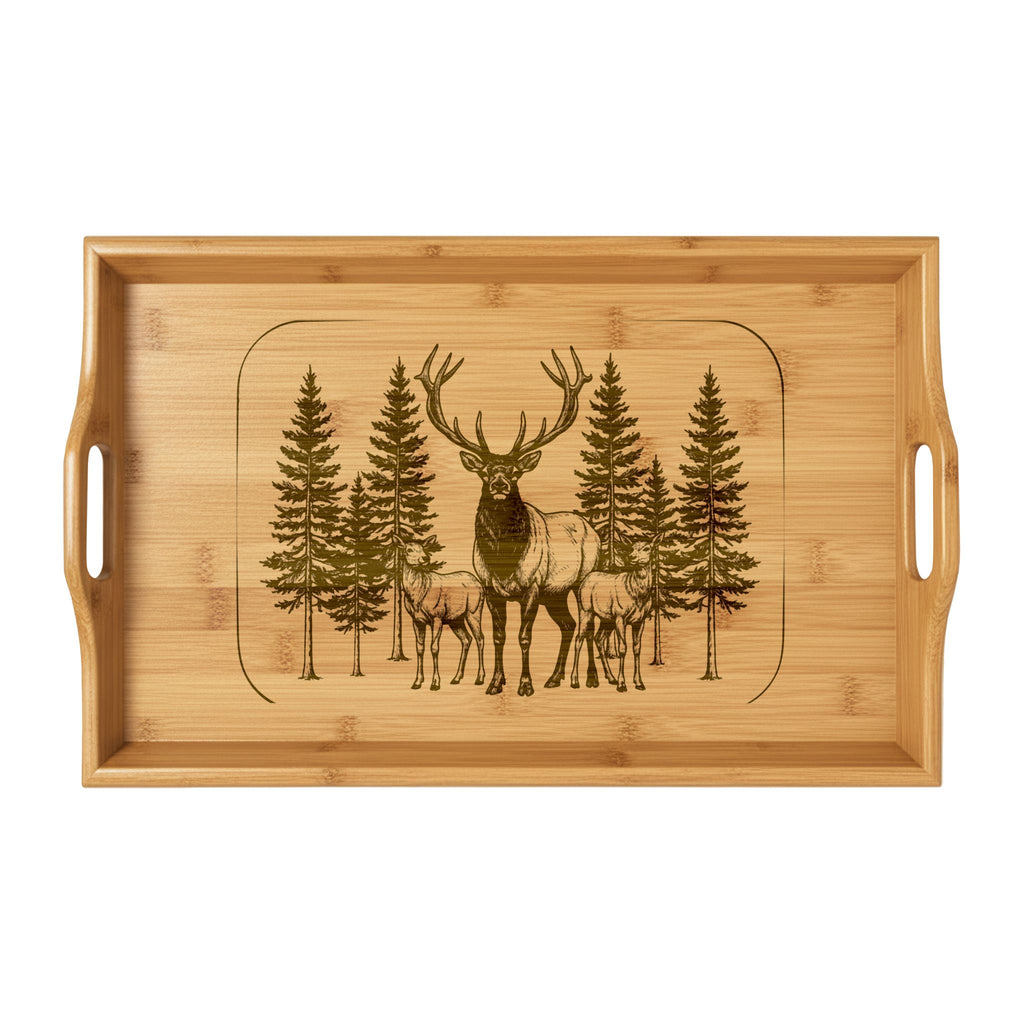 Engraved Bamboo Serving Tray — Deer & Pine Forest