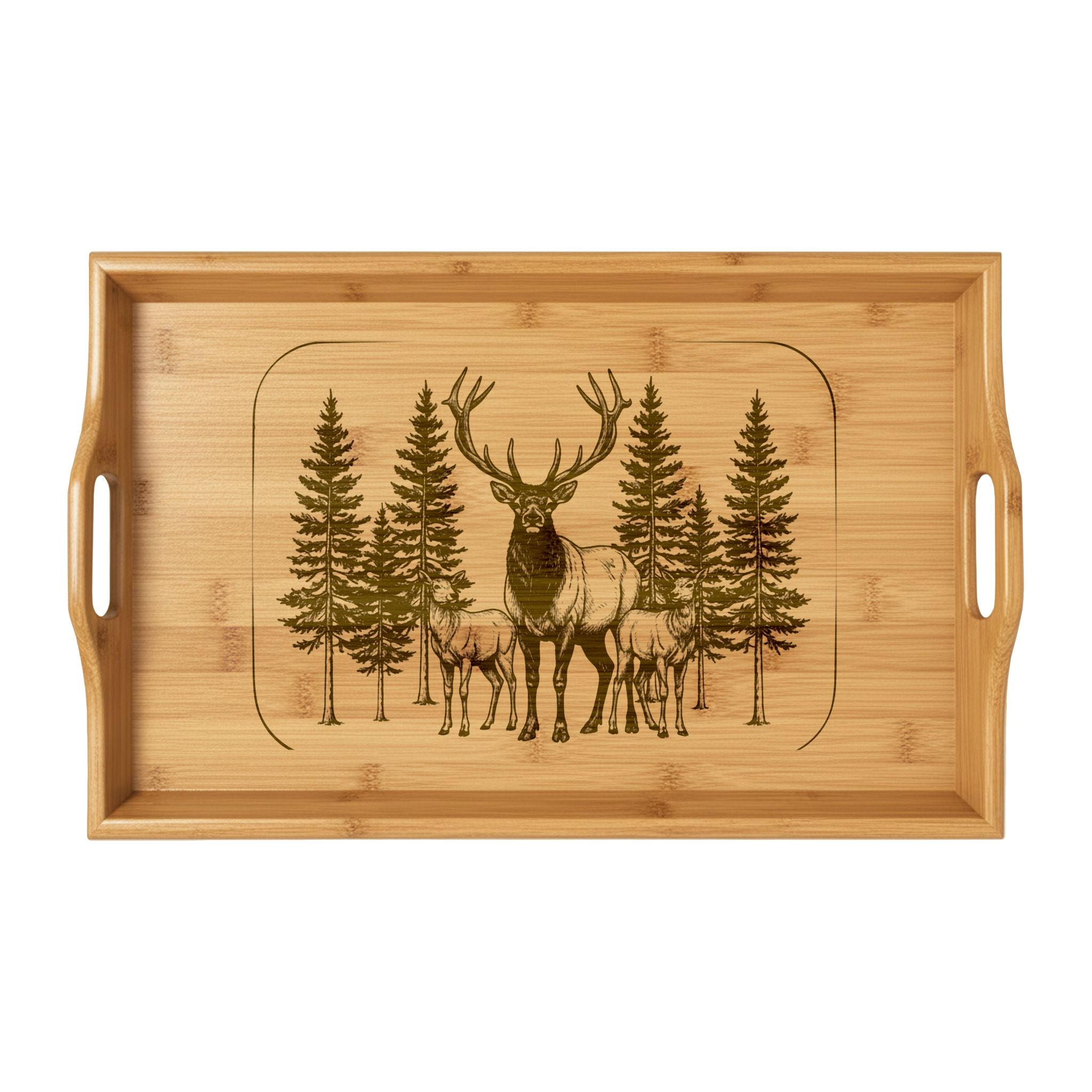 Engraved Bamboo Serving Tray — Deer & Pine Forest