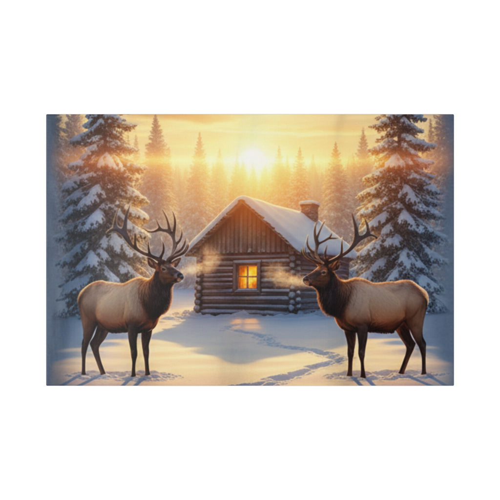 Winter Cabin Elk Canvas Wall Art – Cozy Snowy Forest Sunset Print