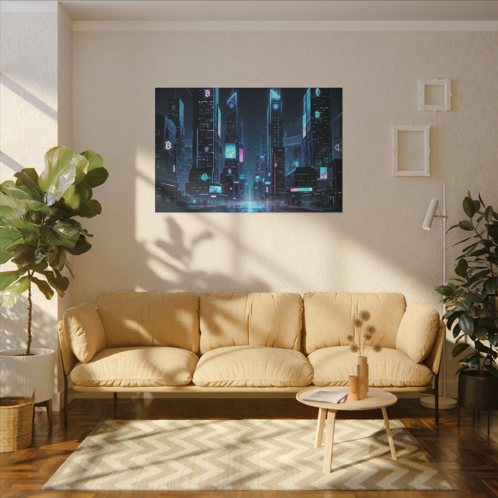 Cyberpunk Cityscape Matte Canvas Print — Neon Futuristic Skyline Wall Art
