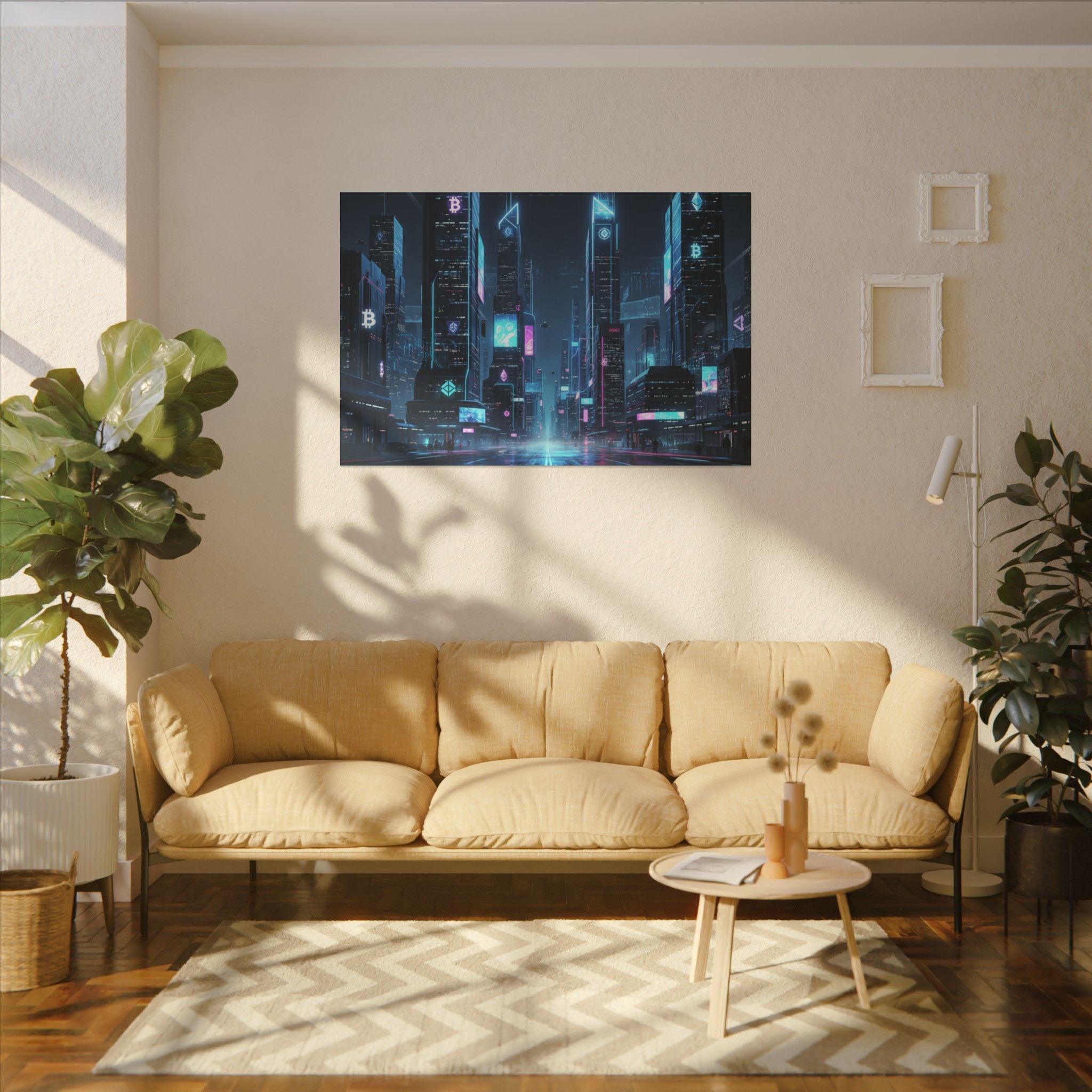 Cyberpunk Cityscape Matte Canvas Print — Neon Futuristic Skyline Wall Art