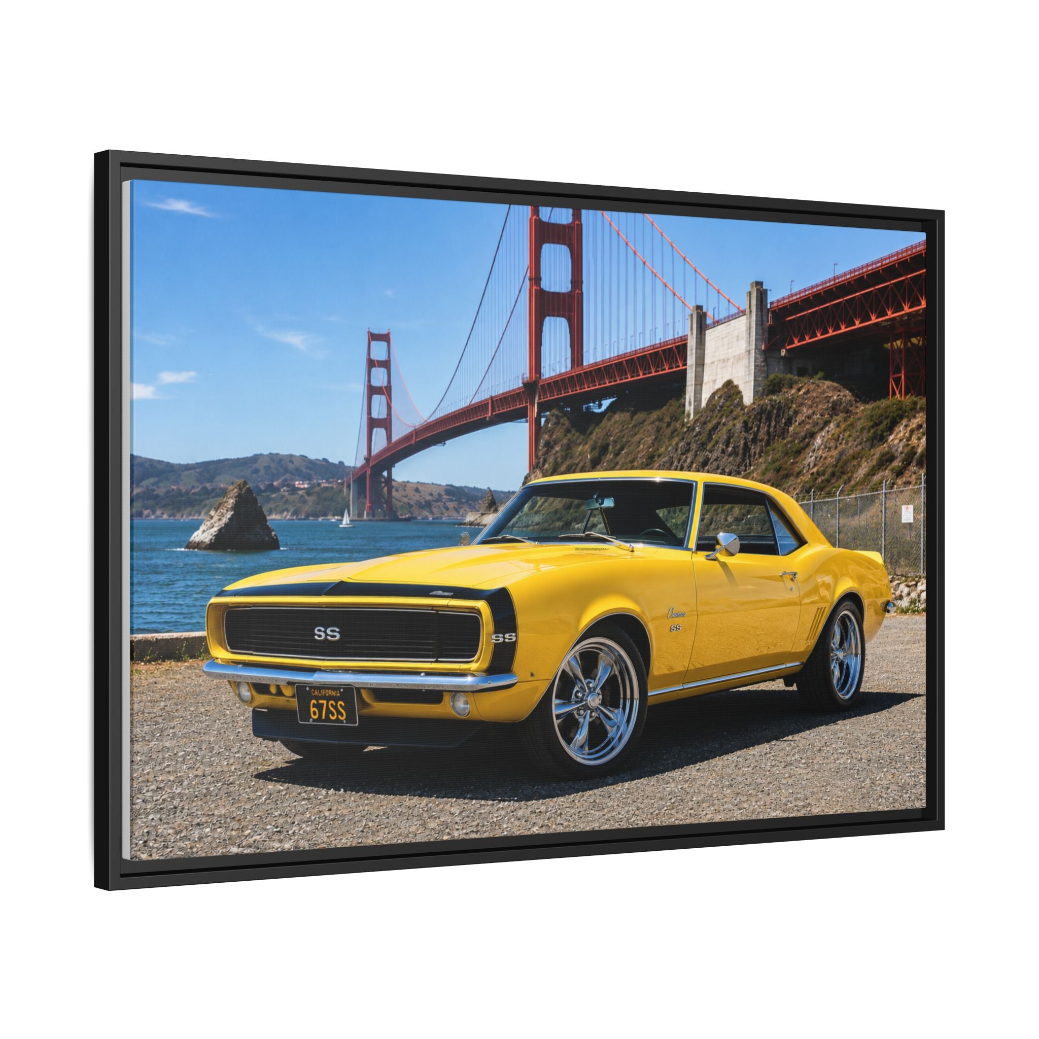 Camaro 1967 Framed Canvas – Yellow Classic "Bumble Bee" Camaro by Golden Gate Bridge