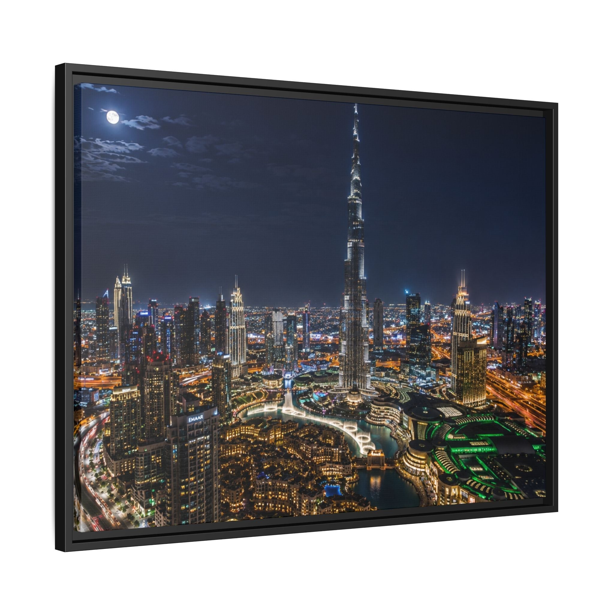 Dubai Night Skyline Matte Framed Canvas Print