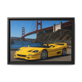 Ferrari F50 1995 Yellow — Framed Matte Canvas of Ferrari by Golden Gate Bridge