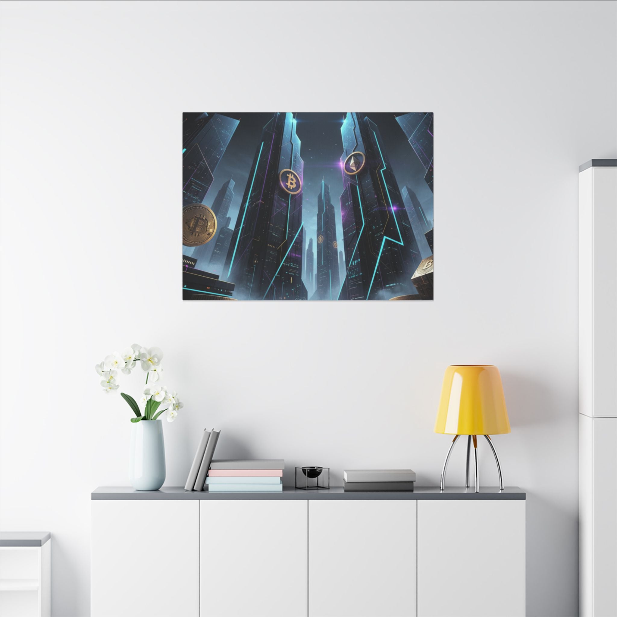 Crypto City Canvas Print — Futuristic Bitcoin & Ethereum Wall Art