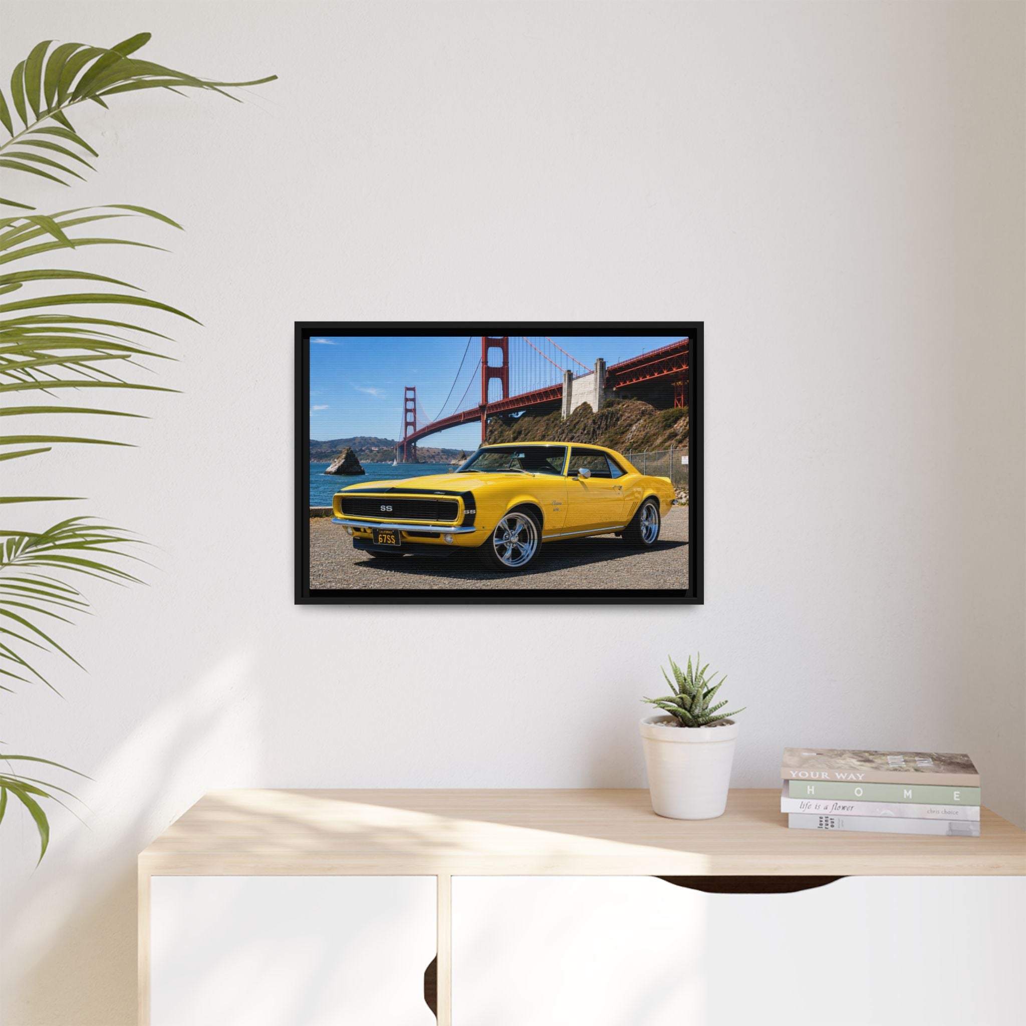 Camaro 1967 Framed Canvas – Yellow Classic "Bumble Bee" Camaro by Golden Gate Bridge