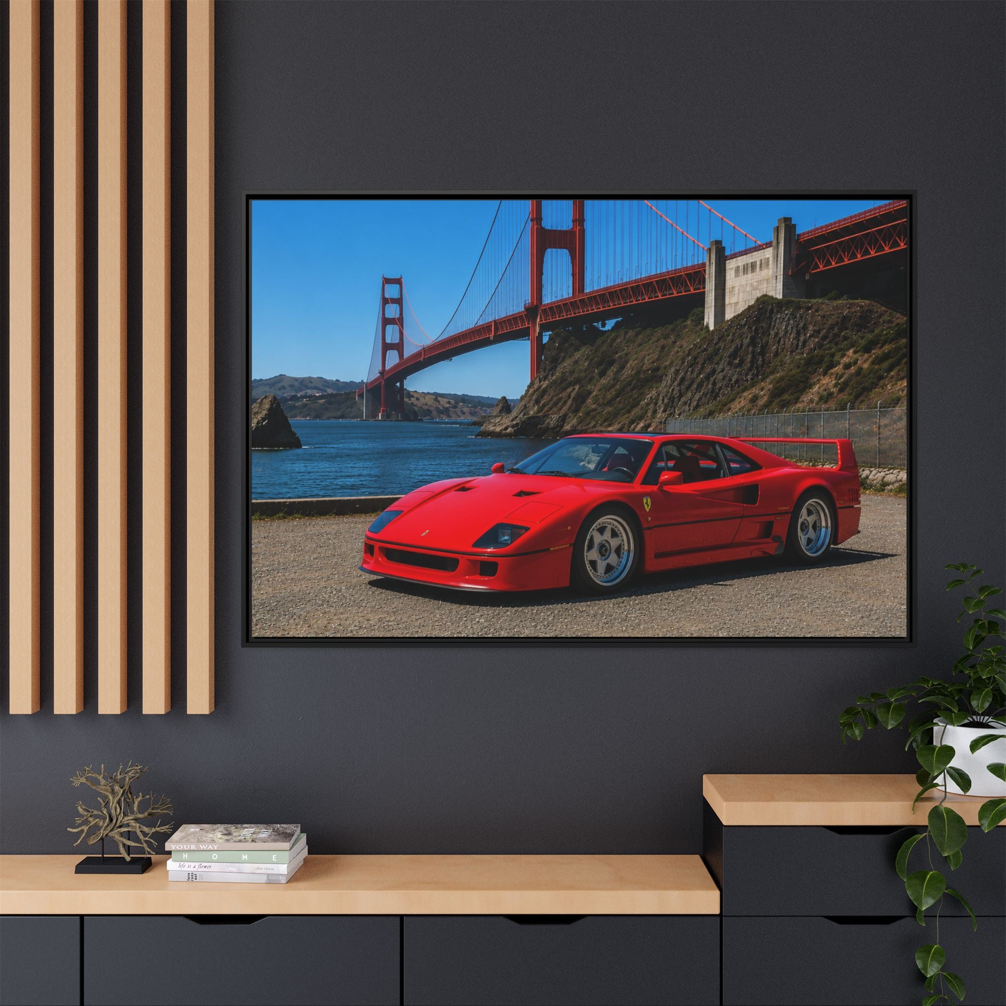 Ferrari F40 1987  — Red Sexy Sports Car by Golden Gate Bridge - Stunning Framed Canvas
