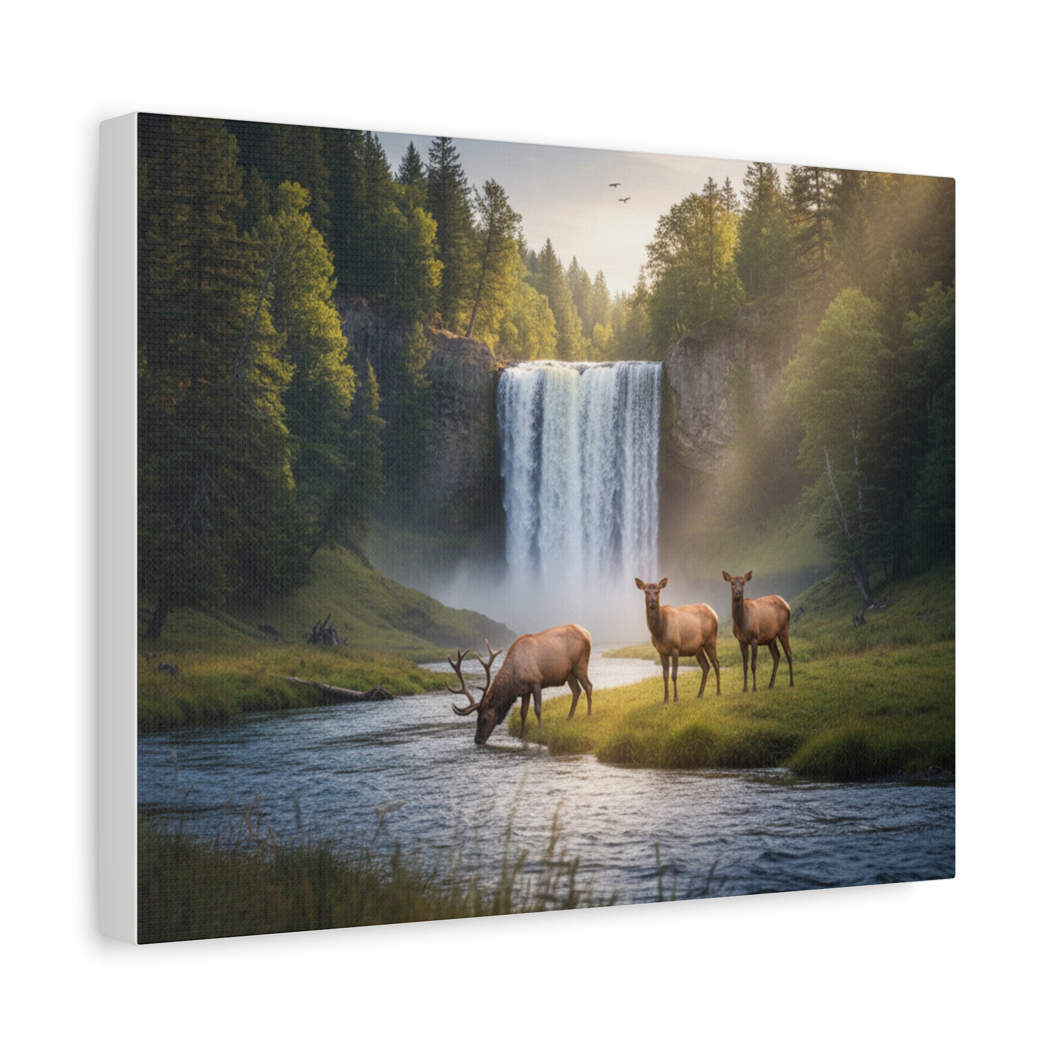 Waterfall Elk Canvas Print — Matte Stretched Wall Art