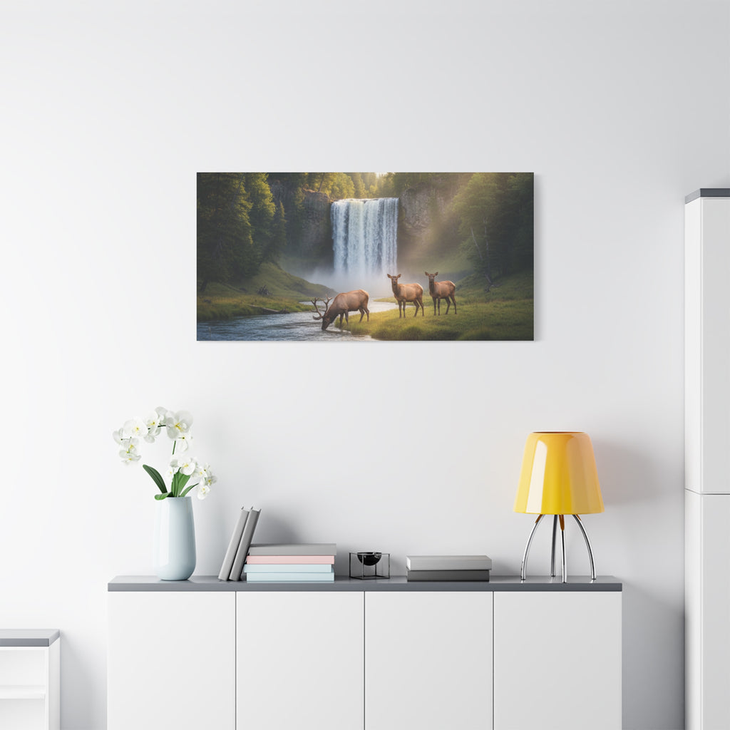 Waterfall Elk Canvas Print — Matte Stretched Wall Art
