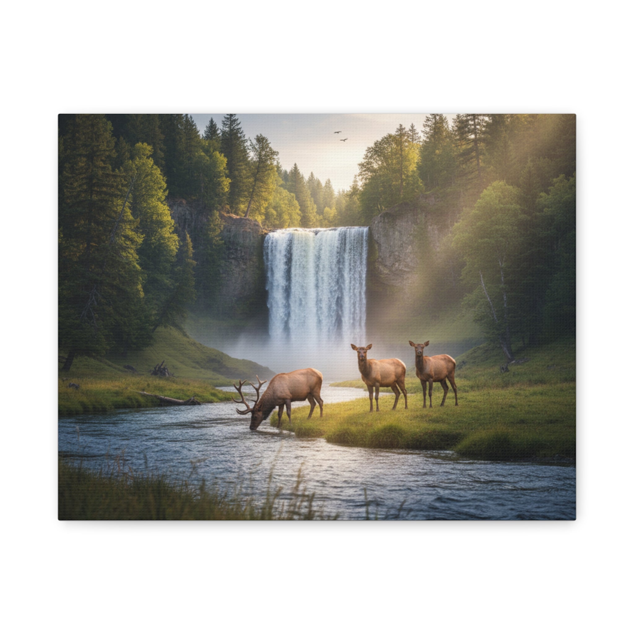 Waterfall Elk Canvas Print — Matte Stretched Wall Art