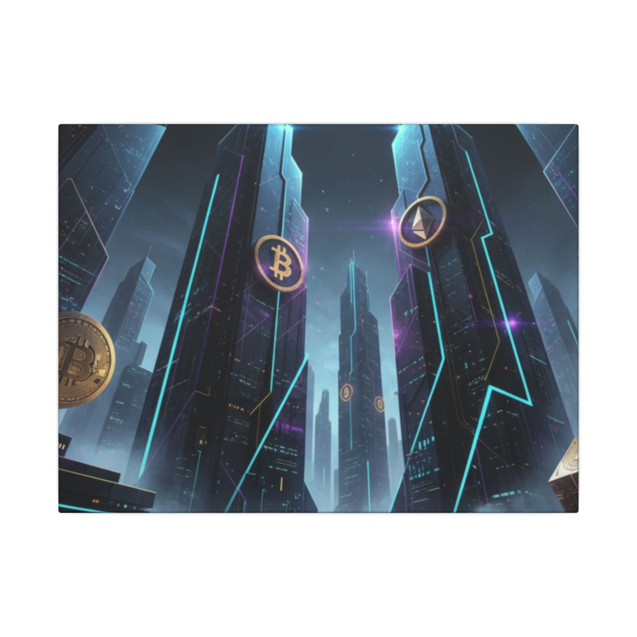 Crypto City Canvas Print — Futuristic Bitcoin & Ethereum Wall Art
