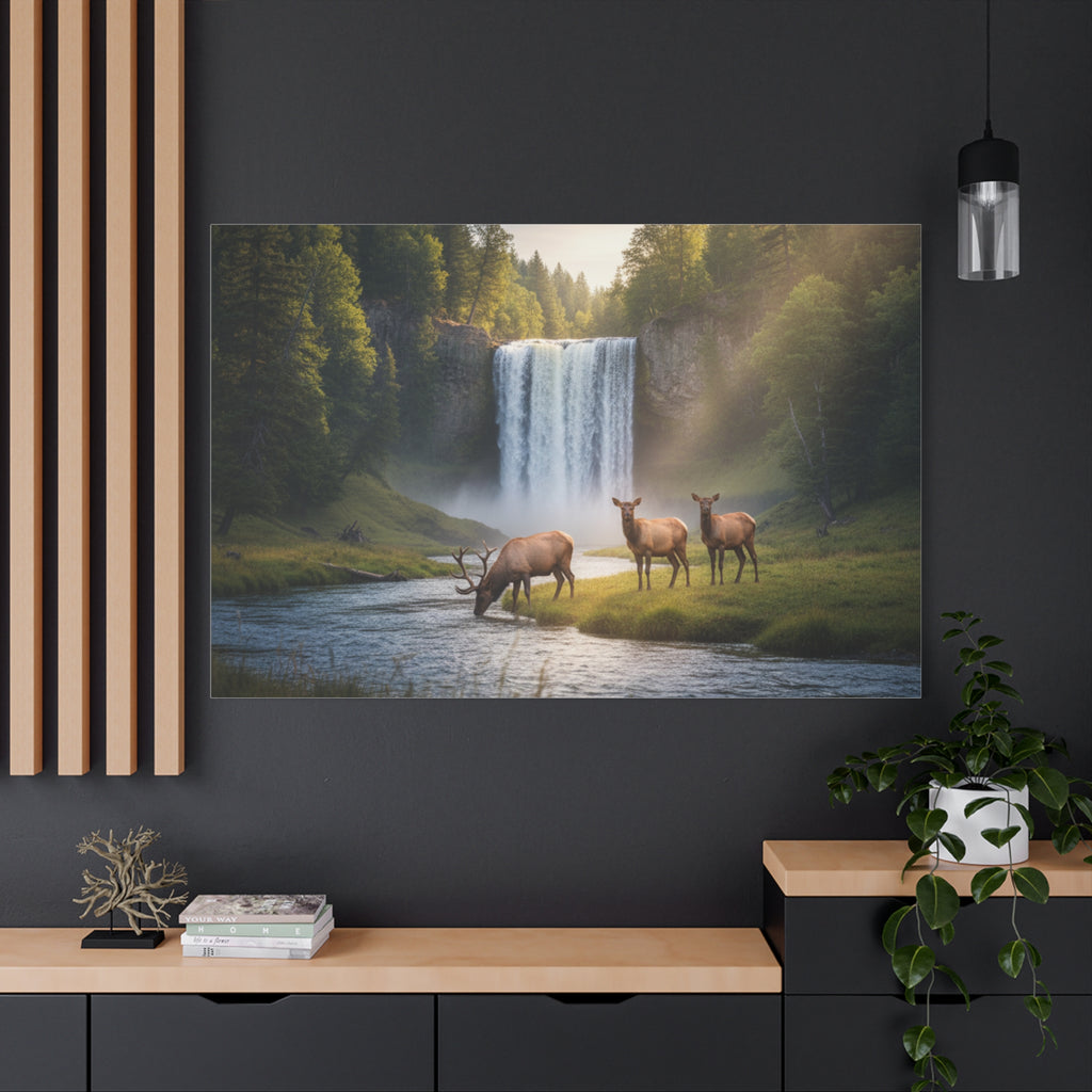 Waterfall Elk Canvas Print — Matte Stretched Wall Art