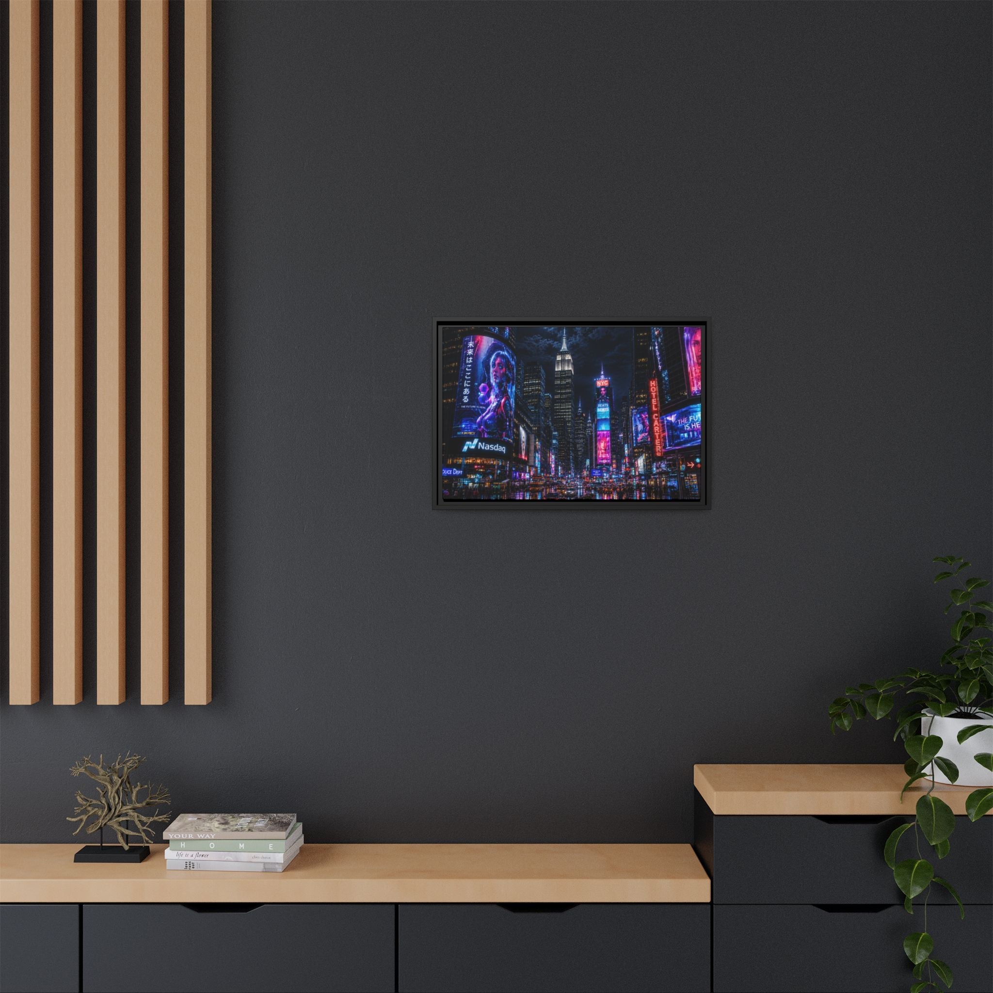 Time Square City Scape "Cyberpunk themed" Neon City Nights Matte Canvas Print (Framed)