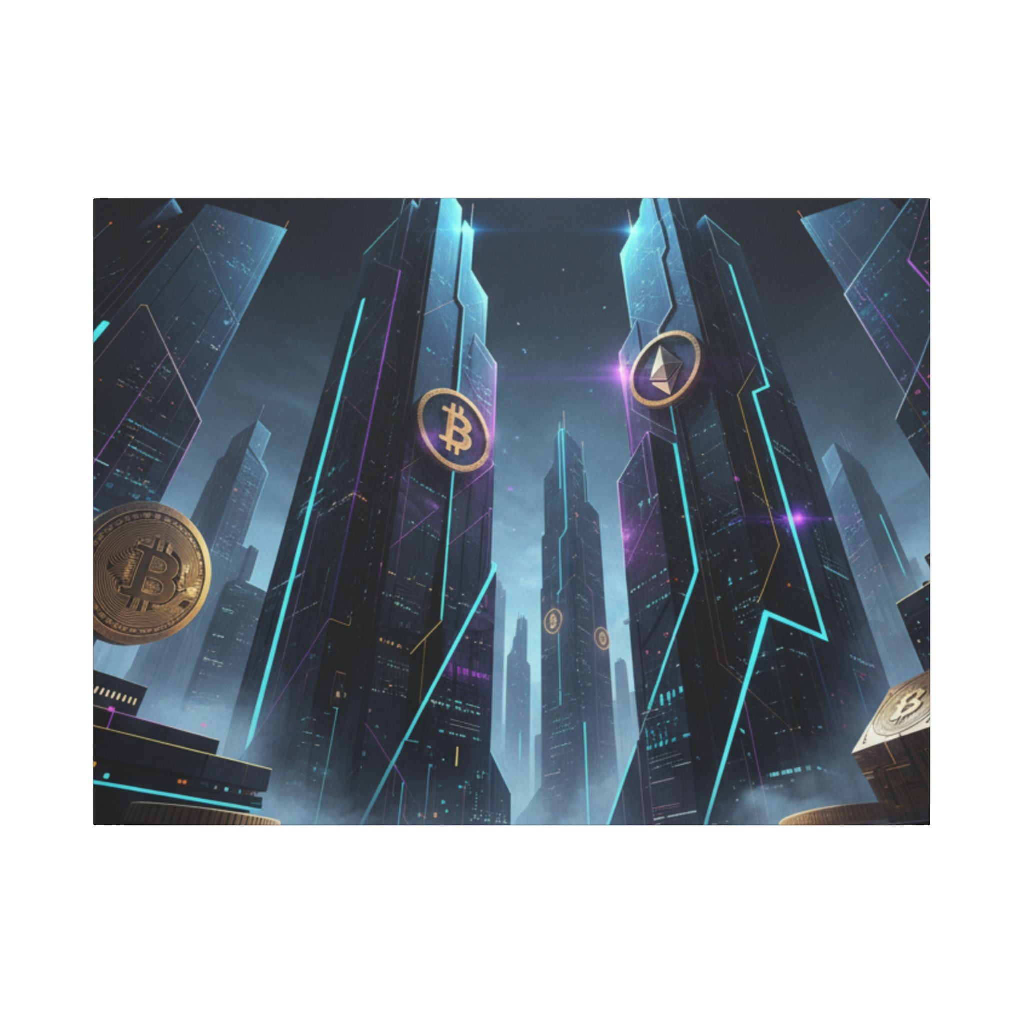 Crypto City Canvas Print — Futuristic Bitcoin & Ethereum Wall Art