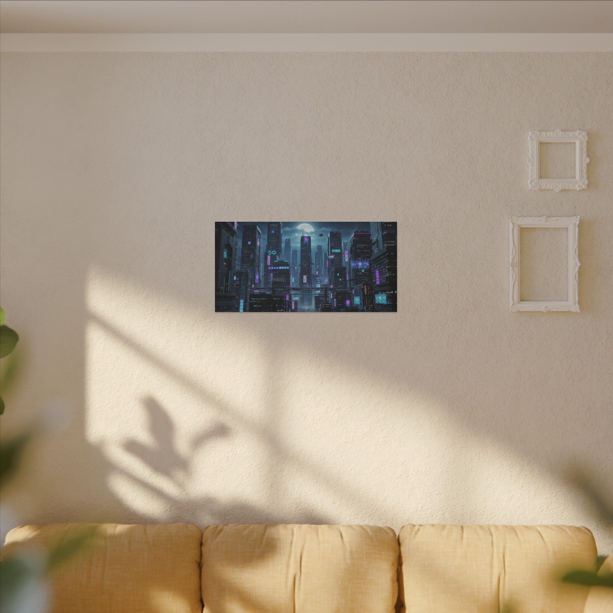 Cyberpunk Cityscape Matte Canvas Print — Neon Futuristic Wall Art