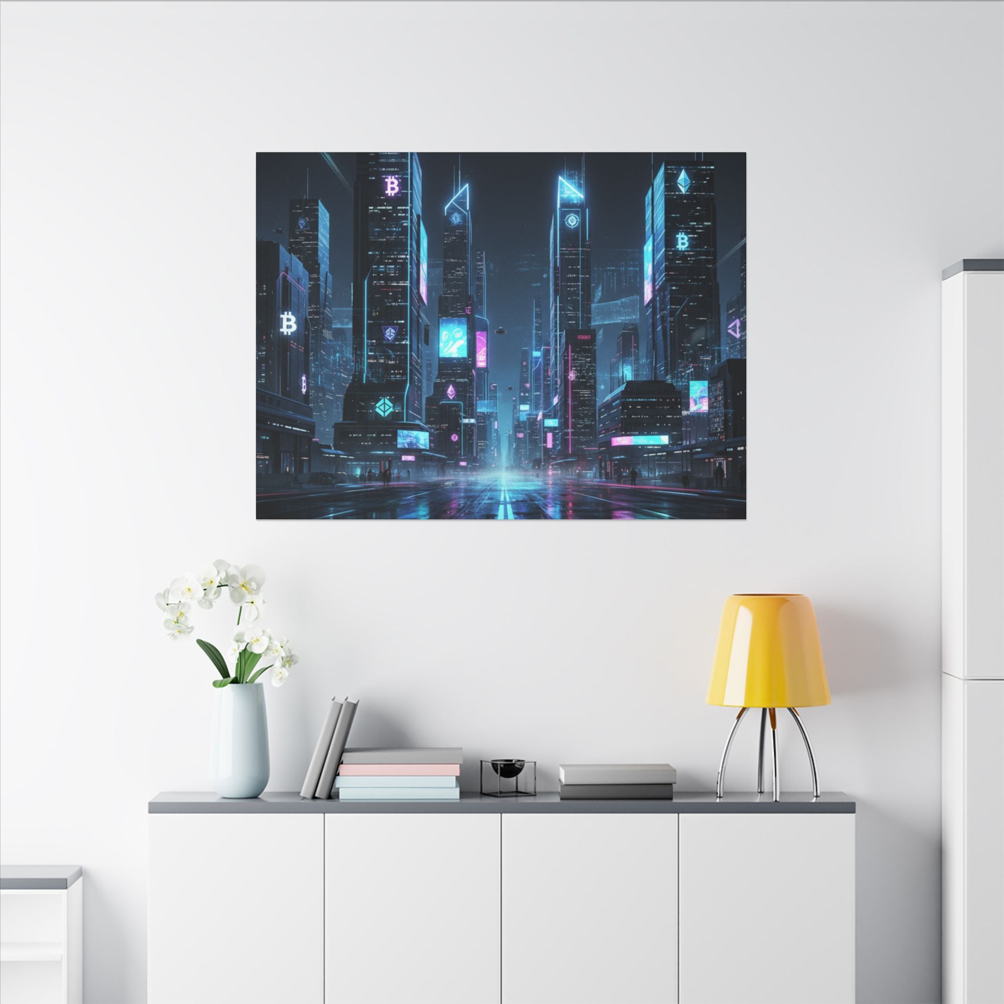 Cyberpunk Cityscape Matte Canvas Print — Neon Futuristic Skyline Wall Art