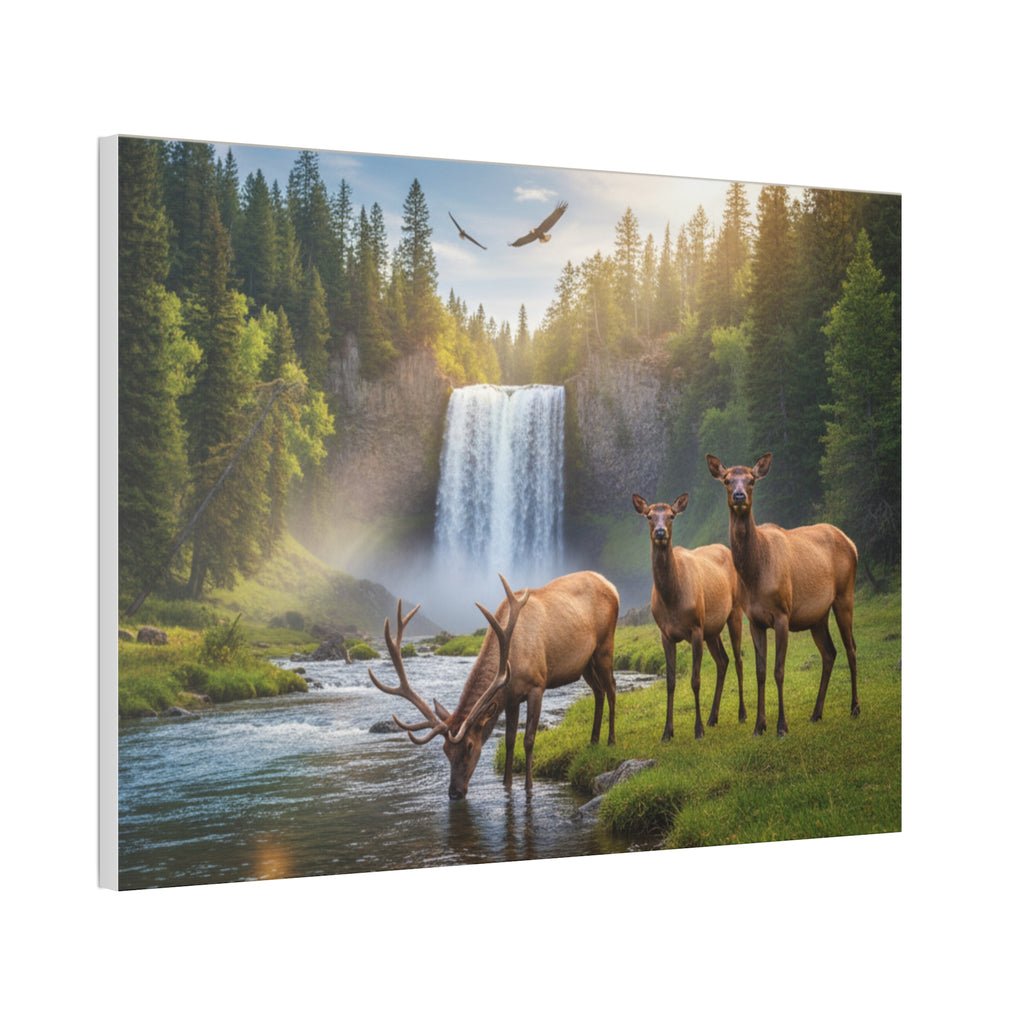 Elk Waterfall Canvas Print — Serene Wildlife Landscape Wall Art, 1.5" Stretched