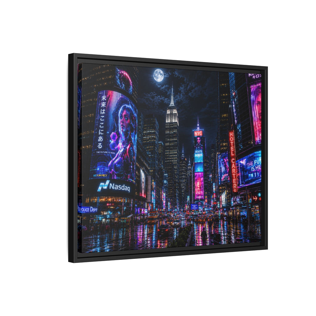 Time Square City Scape "Cyberpunk themed" Neon City Nights Matte Canvas Print (Framed)