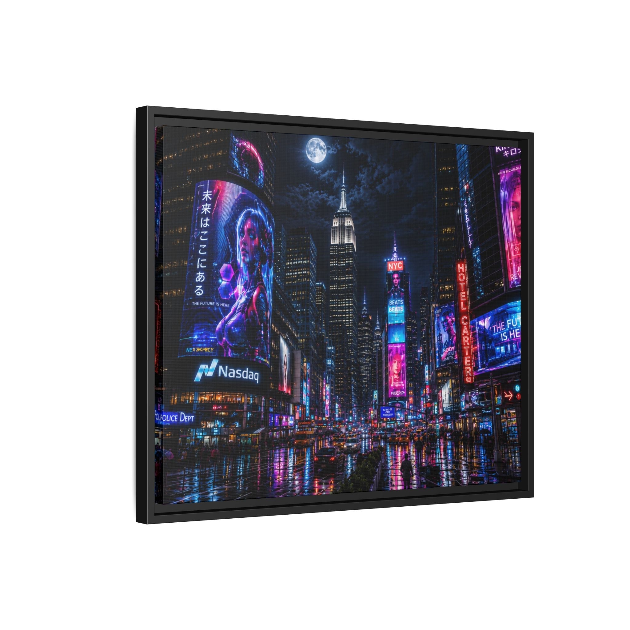 Time Square City Scape "Cyberpunk themed" Neon City Nights Matte Canvas Print (Framed)