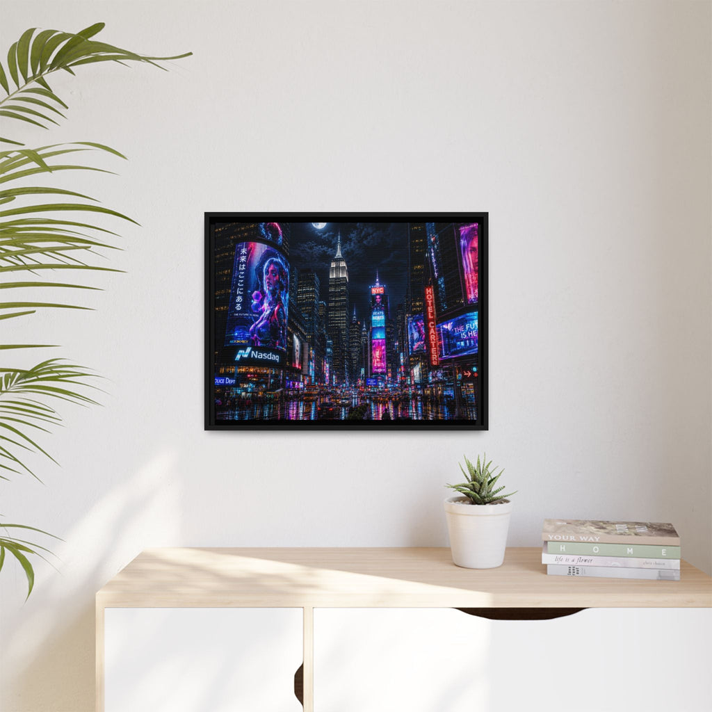 Time Square City Scape "Cyberpunk themed" Neon City Nights Matte Canvas Print (Framed)