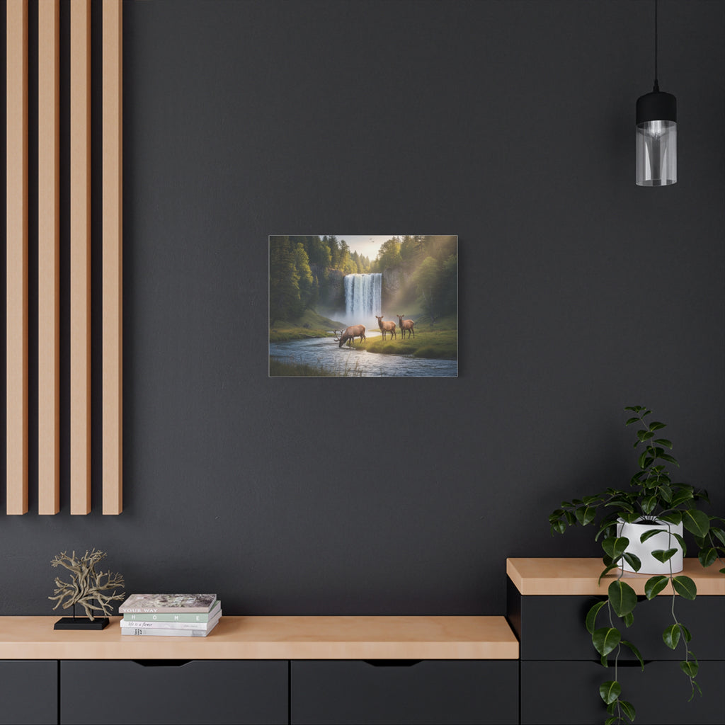 Waterfall Elk Canvas Print — Matte Stretched Wall Art