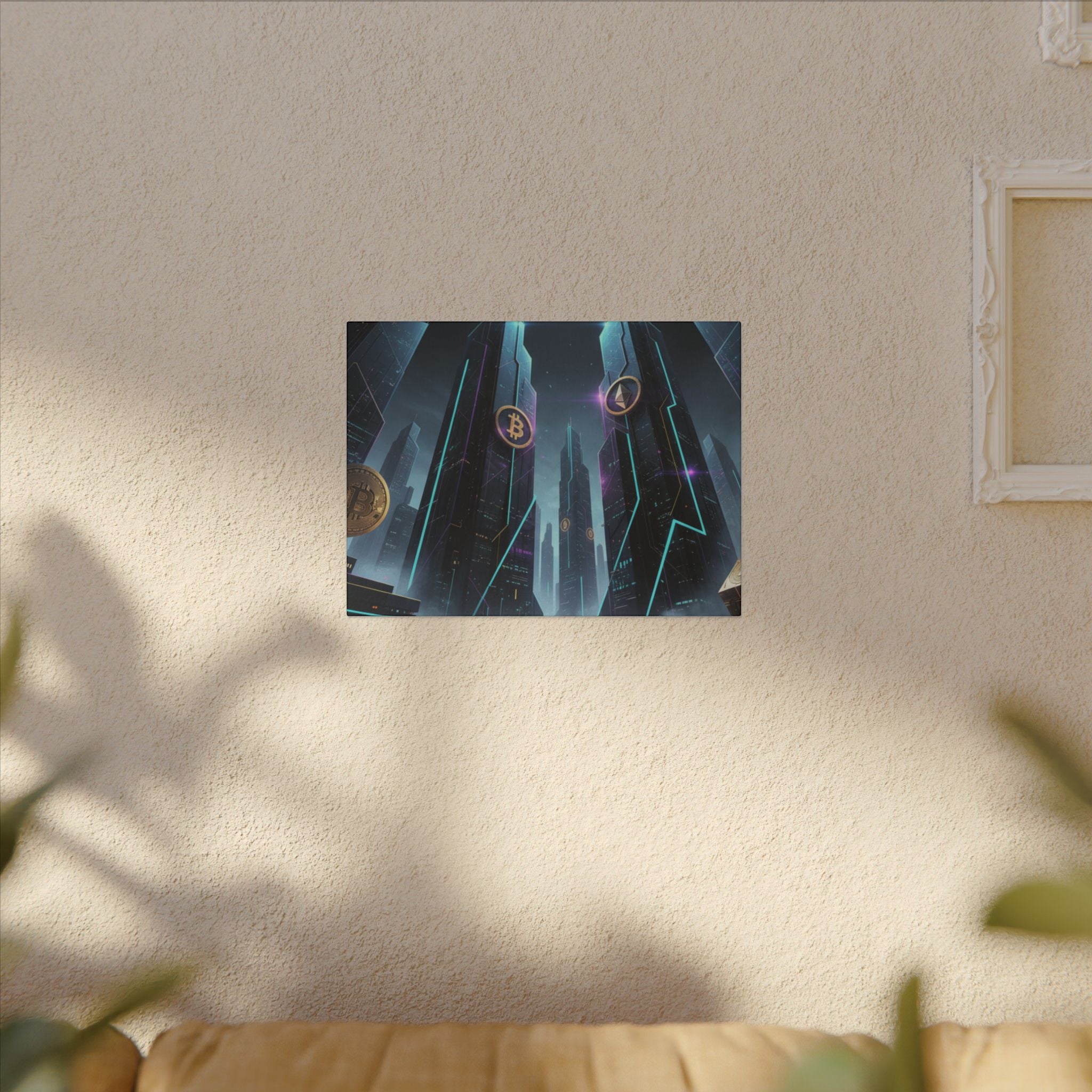 Crypto City Canvas Print — Futuristic Bitcoin & Ethereum Wall Art