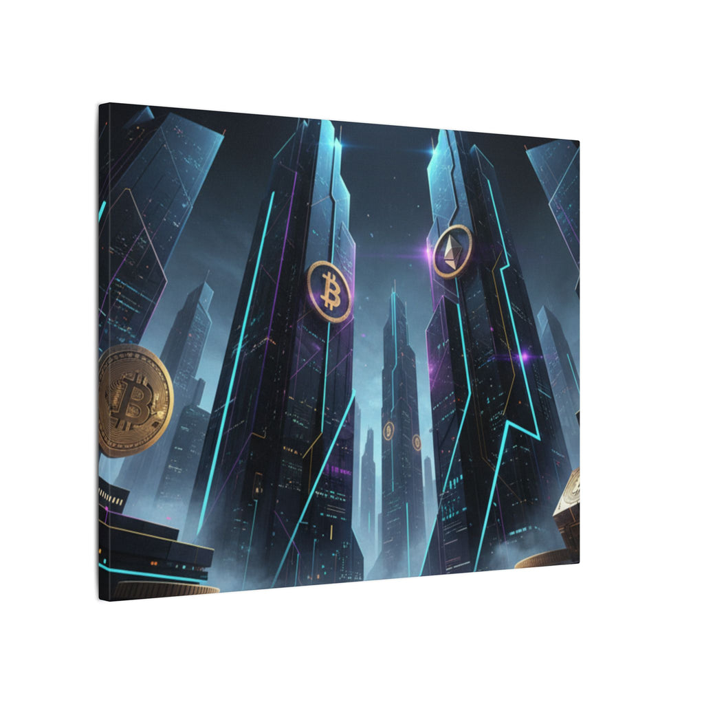 Crypto City Canvas Print — Futuristic Bitcoin & Ethereum Wall Art