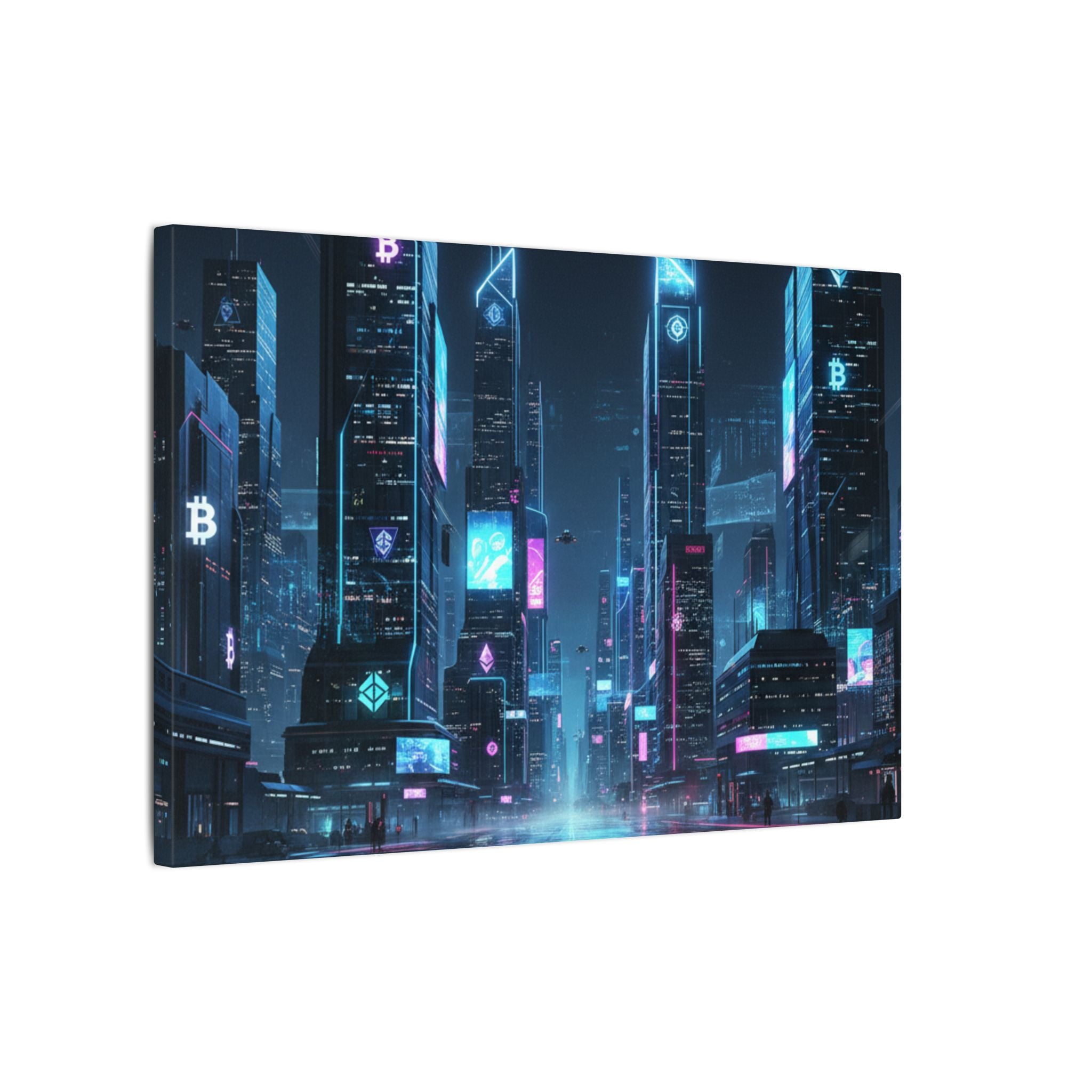 Cyberpunk Cityscape Matte Canvas Print — Neon Futuristic Skyline Wall Art
