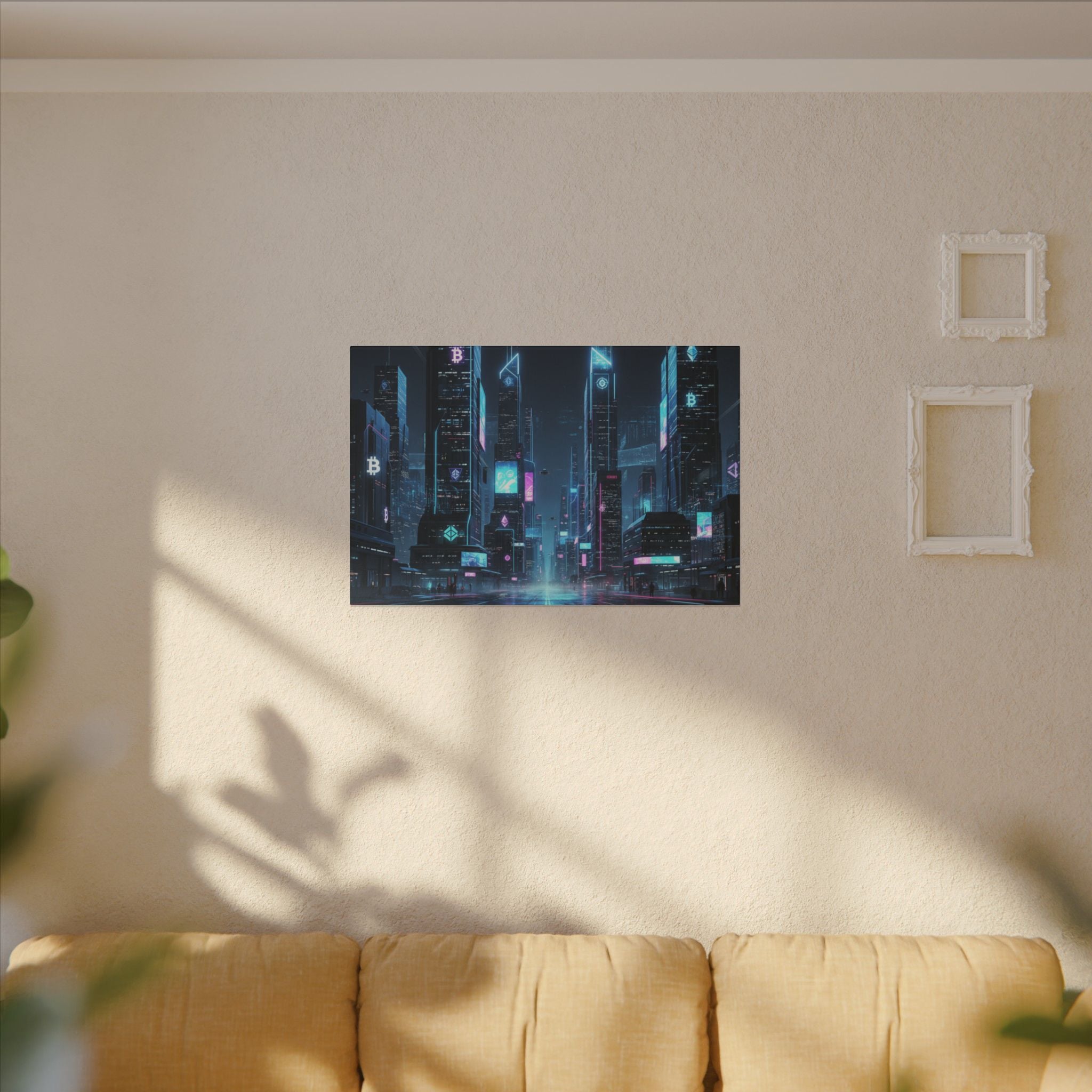 Cyberpunk Cityscape Matte Canvas Print — Neon Futuristic Skyline Wall Art