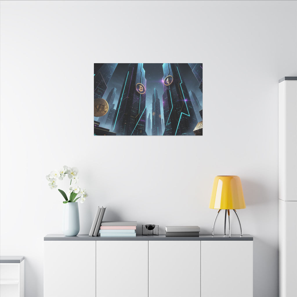 Crypto City Canvas Print — Futuristic Bitcoin & Ethereum Wall Art
