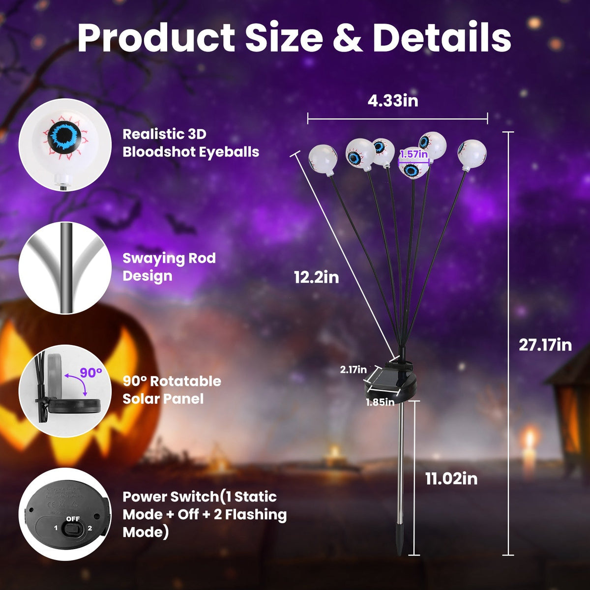 2Pcs Purple Light OR 2Pcs Green Light Solar Scary Eyeballs Lights Outdoor