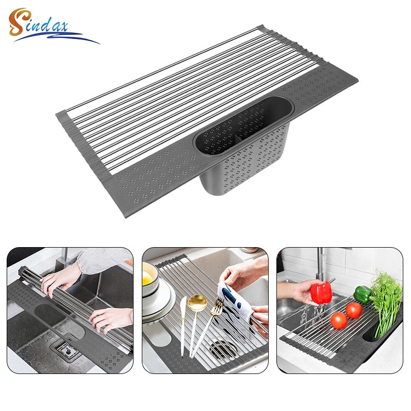 Dish Drainer Over Sink For Kitchen Organizer Multi-Use Roll-up Drying Foldable Rack Fruit Vegetable Meat Mat